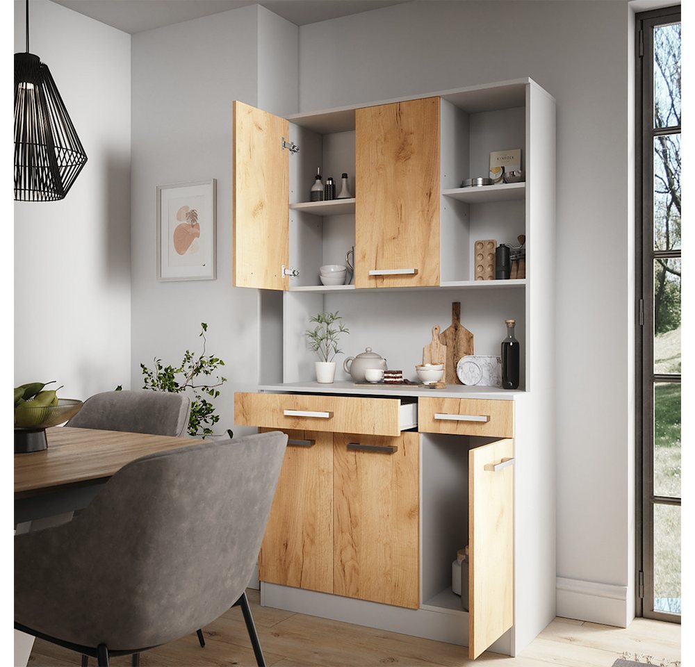 Küchenbuffet Raul, Weiß/goldkraft Eiche, 100.1 X 188.5 Cm Mit 5 Türen & 2 Schubladen, Vicco