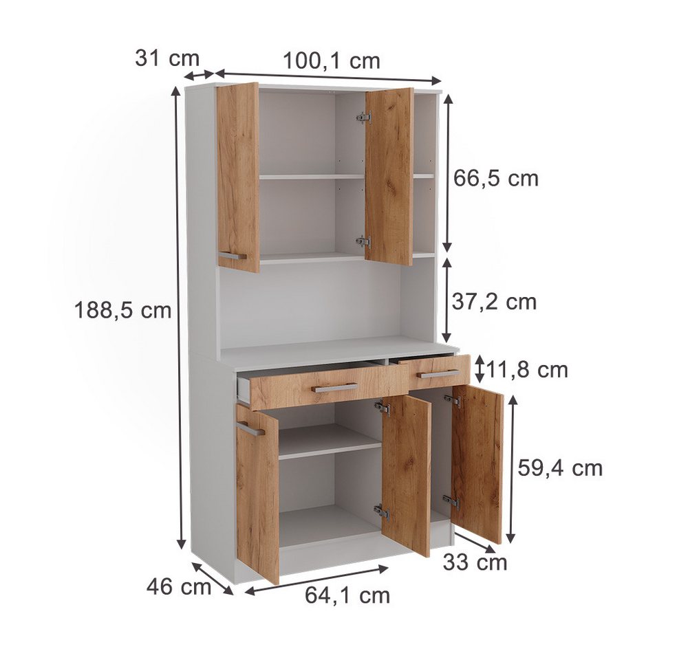 Küchenbuffet Raul, Weiß/goldkraft Eiche, 100.1 X 188.5 Cm Mit 5 Türen & 2 Schubladen, Vicco Bild 3