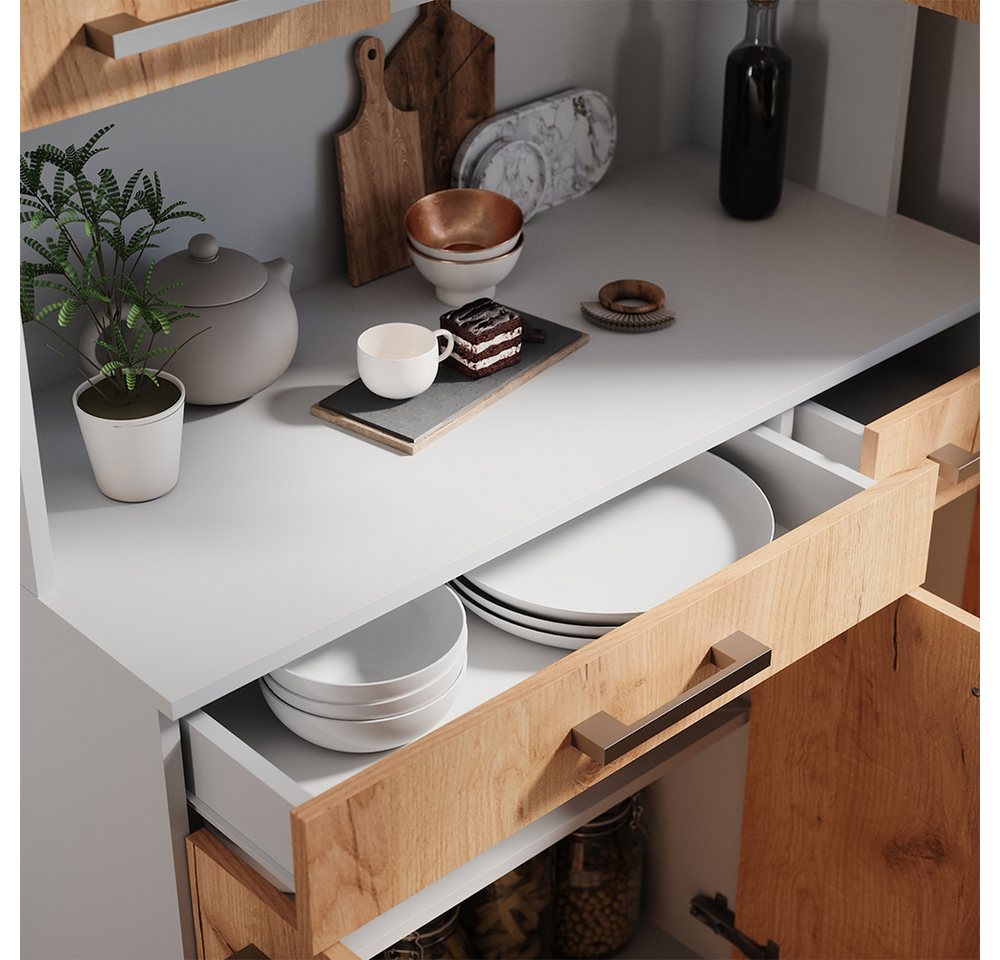 Küchenbuffet Raul, Weiß/goldkraft Eiche, 100.1 X 188.5 Cm Mit 5 Türen & 2 Schubladen, Vicco Bild 4