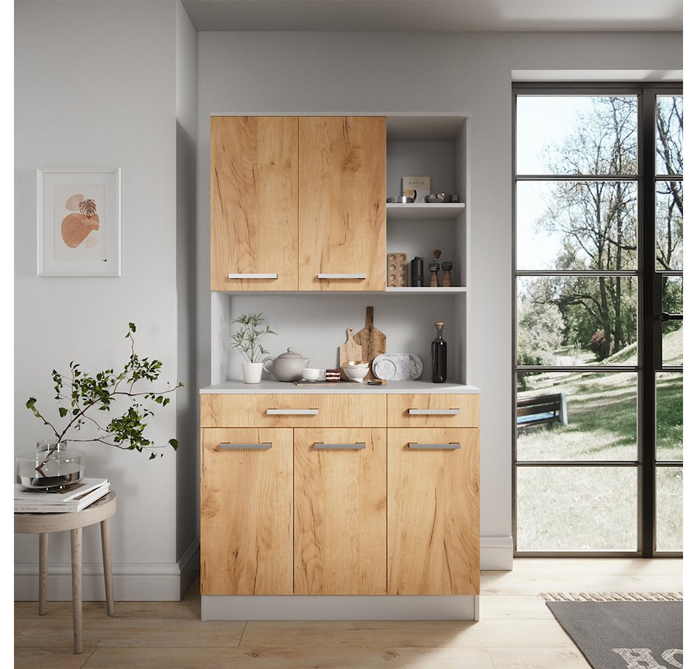 Küchenbuffet Raul, Weiß/goldkraft Eiche, 100.1 X 188.5 Cm Mit 5 Türen & 2 Schubladen, Vicco Bild 5