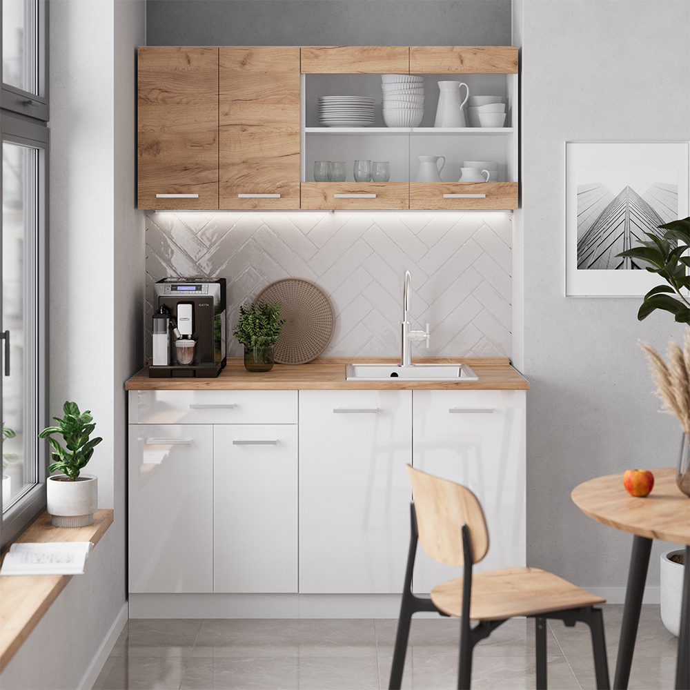 Küchenzeile R-line, Goldkraft Eiche/weiß, 140 Cm Zweifarbige Schränke, Ap Eiche, Vicco