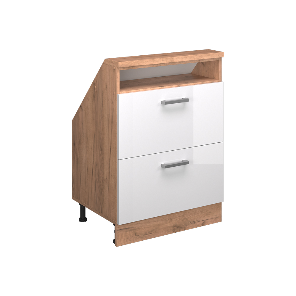Küchenschrank Für Dachschrägen R-line, Weiß Hochglanz/goldkraft Eiche, 60 Cm Mit 2 Schubladen, Vicco