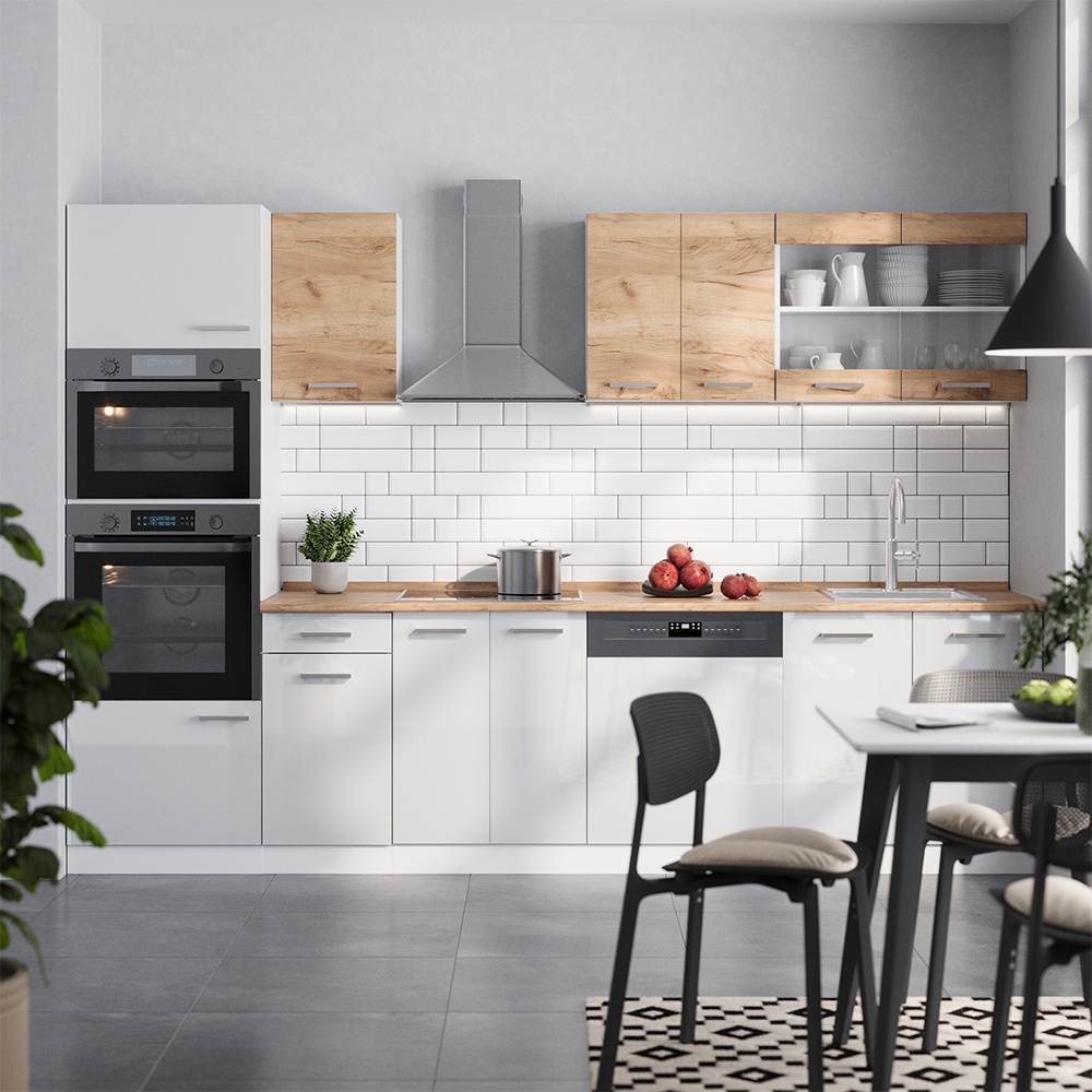 Küchenzeile R-line, Goldkraft Eiche/weiß, 300 Cm Zweifarbige Schränke, Ap Eiche, Vicco