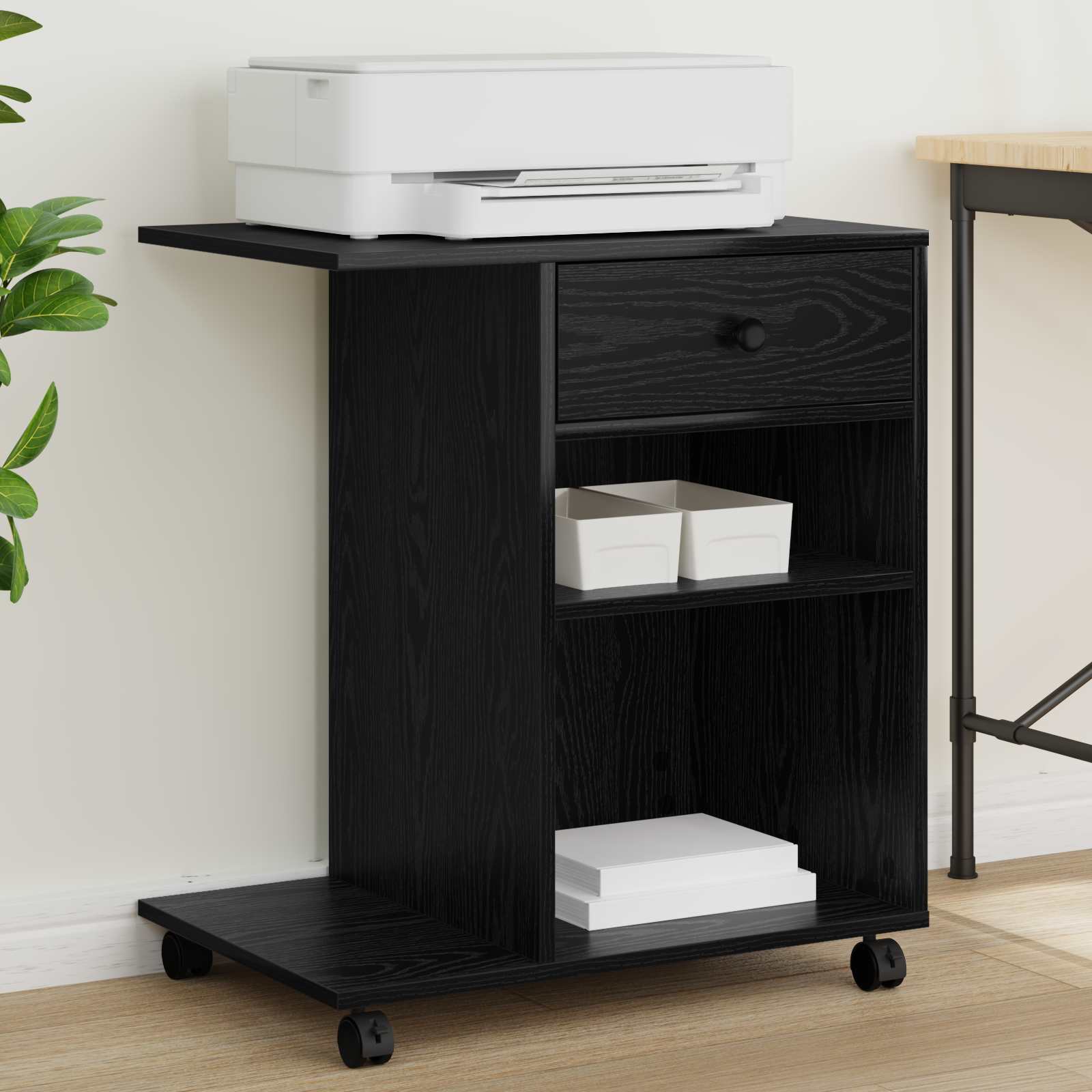 Vidaxl Printer Stand Black Oak 60 X 40 X 68.5 Cm Engineered Wood