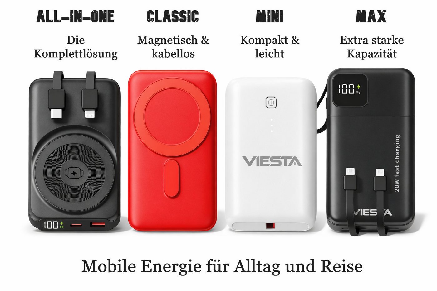 Viesta® All-in-one Powerbank 10.000 Mah Schwarz – 22,5w Schnellladen, Pd20w, 15w Wireless Charging, Apple Watch Charger, Integrierte Kabel (usb-c & Lightning), Led-display, Aluminium-standfuß Bild 4