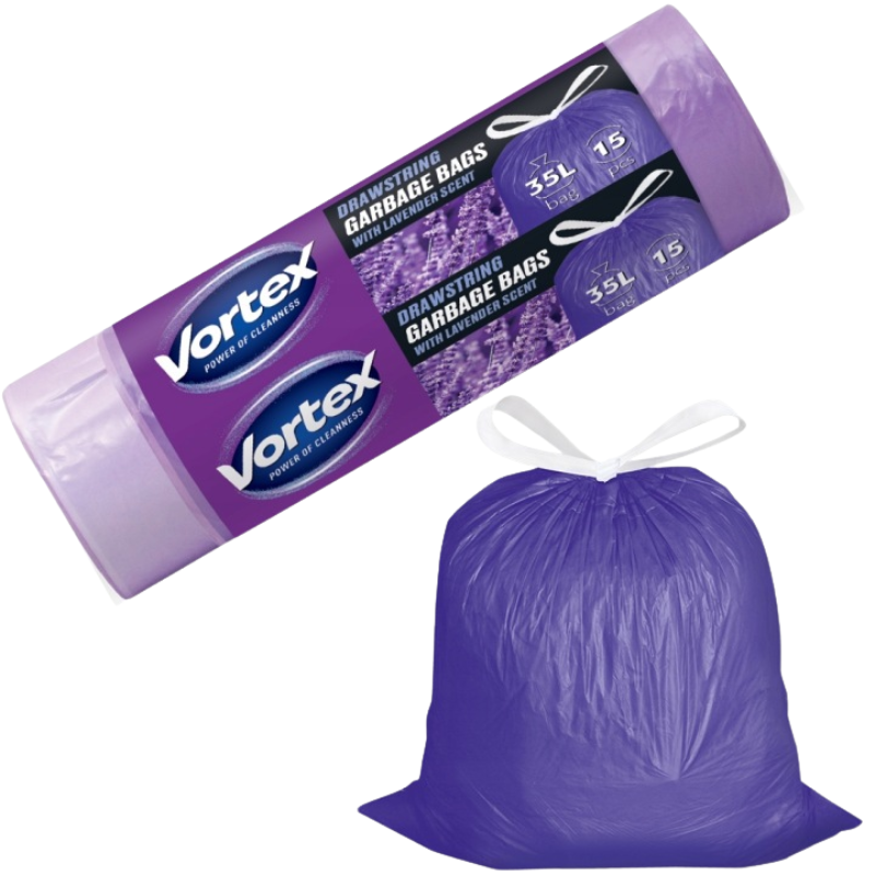 Vortex Müllbeutel Mit Zugband Hdpe Violett Mit Lavenderduft 35l/15stk Müllbeutel