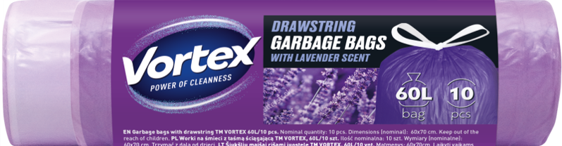 Vortex Müllbeutel Mit Zugband Hdpe Violett Mit Lavenderduft 60l/10stk Müllbeutel