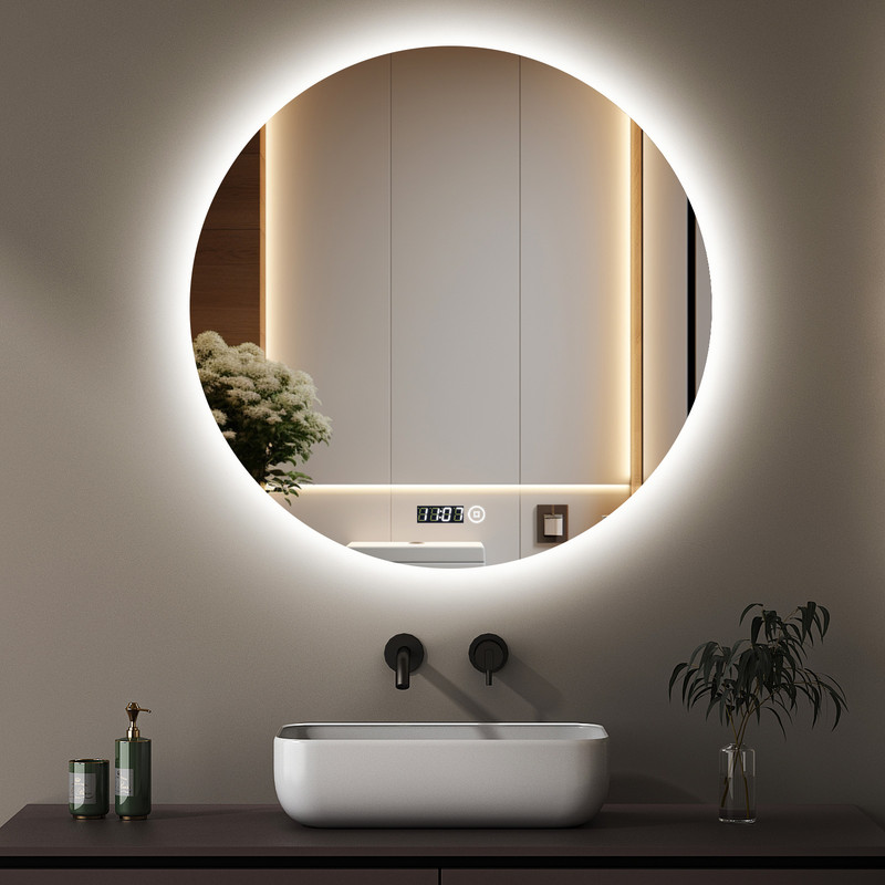 Badspiegel Mit Beleuchtung Und Uhr Rund 60 Cm Led Spiegel Mit Beleuchtung Runder Badezimmerspiegel Mit Beleuchtung Wandspiegel Rund Mit 3 Lichtfarbe Dimmbar Touchschalter, Uhr