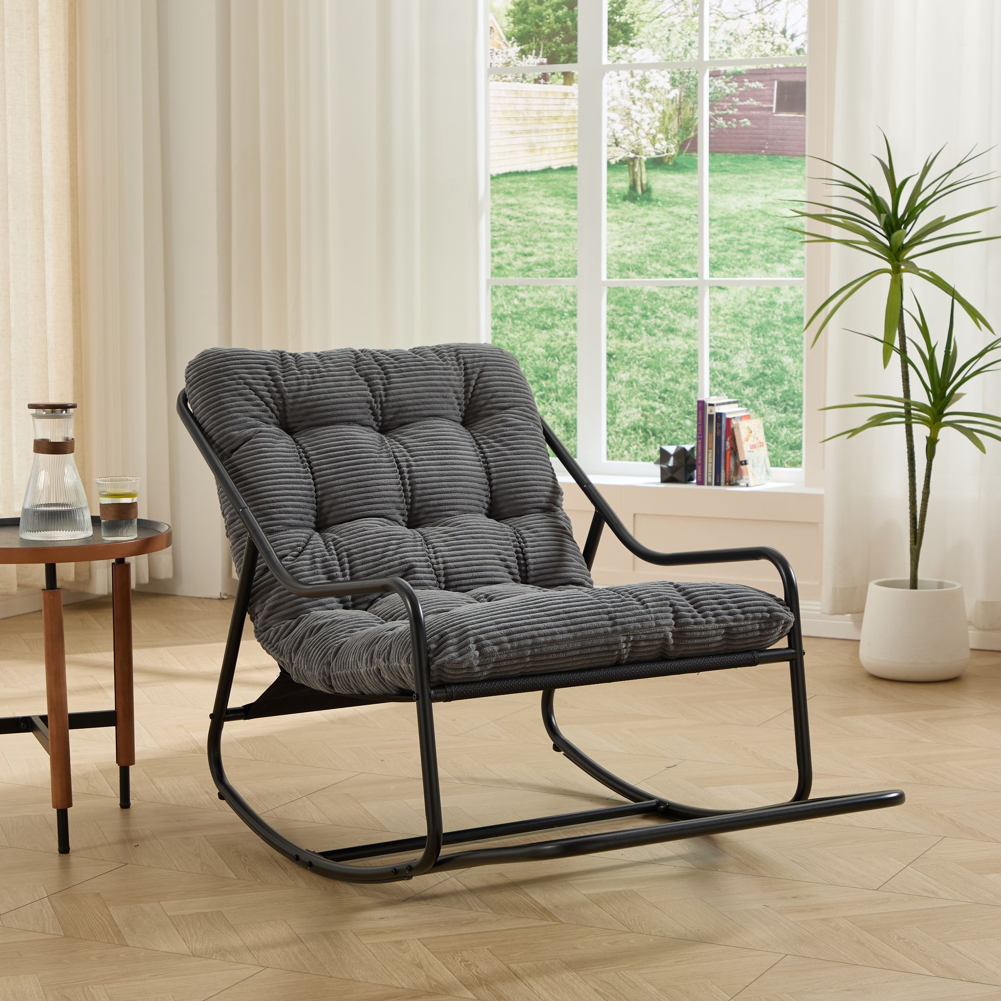 Outdoor Rocking Chair, Comfy Cushion, With Soft Thick Cushion,for Living Room, Bedroom, Reading Room, Black Frame With Grey Cushion