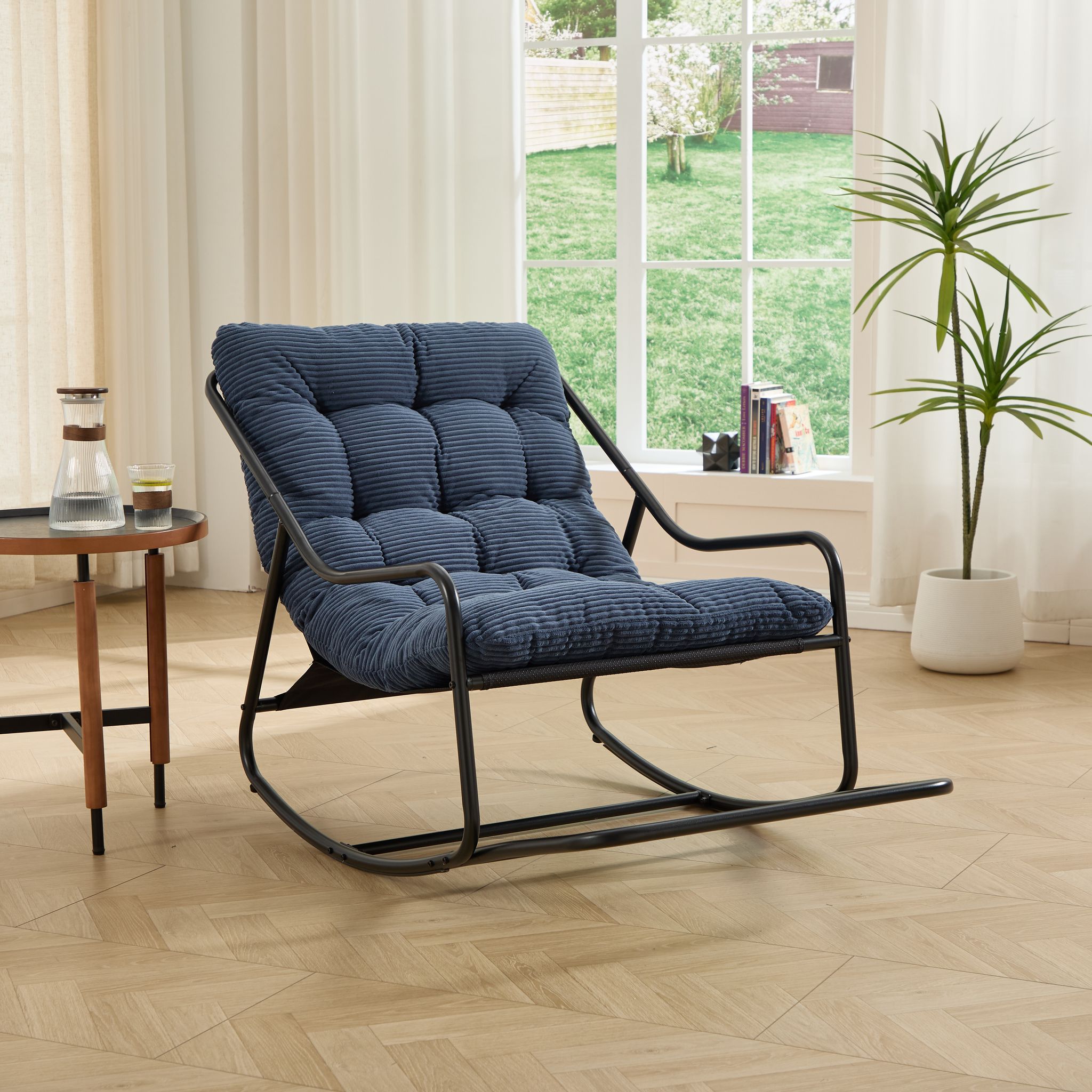 Outdoor Rocking Chair, Comfy Cushion, With Soft Thick Cushion,for Living Room, Bedroom, Reading Room, Black Frame With Navy Blue Cushion