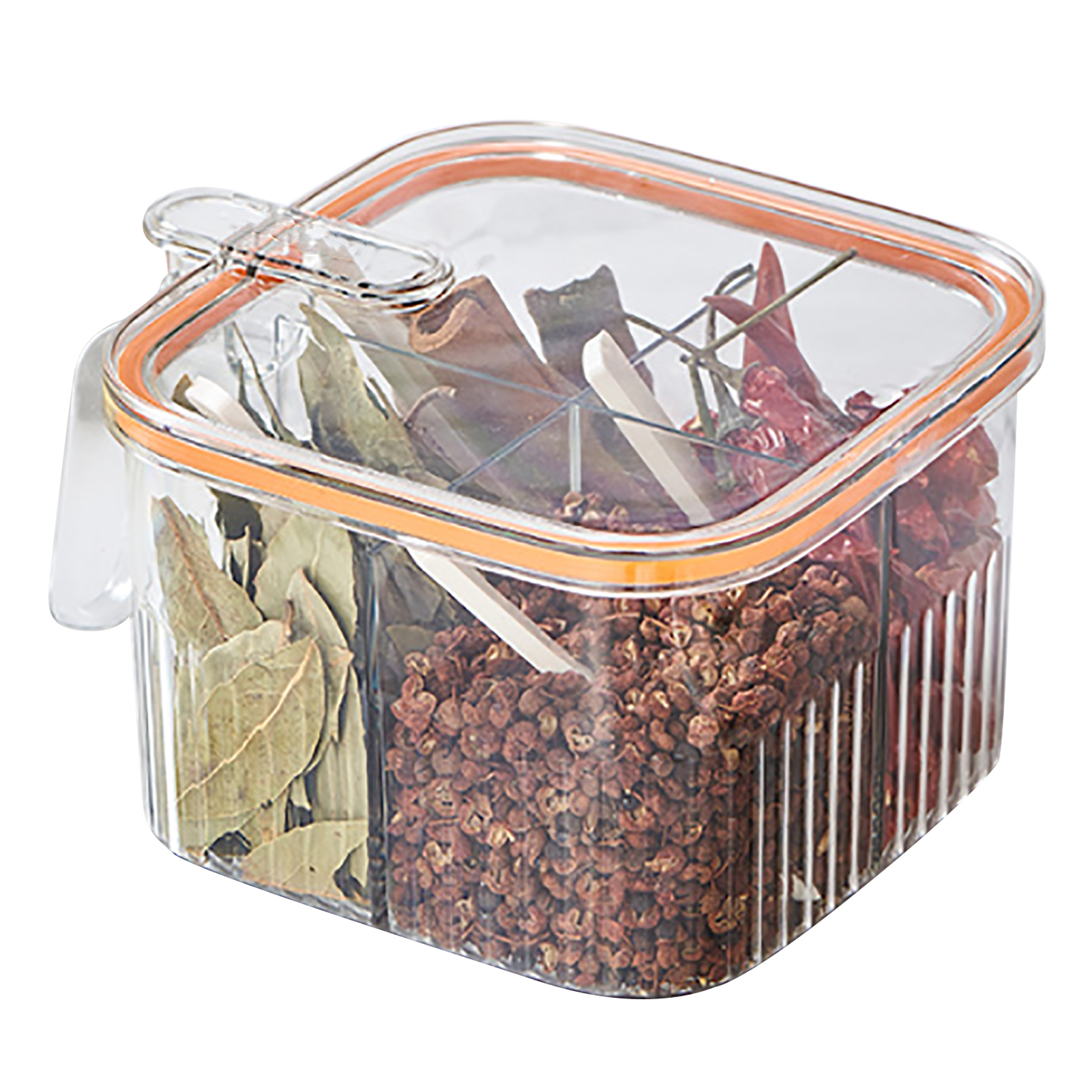 Gewürzbox Mit 4 Fächern, Deckel Und Löffel, Transparent Und Orange