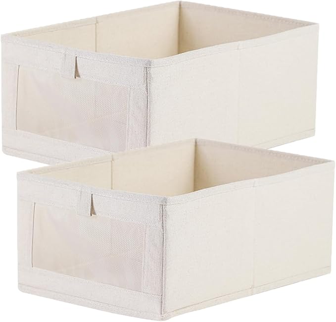 2-teilige Aufbewahrungsbox Für Kleidung, Wäsche, Spielzeug Und Bücher, Faltbar, Aus Baumwoll-leinen-mischgewebe Mit Sichtfenster, Beige, 41 X 28 X 17 Cm.