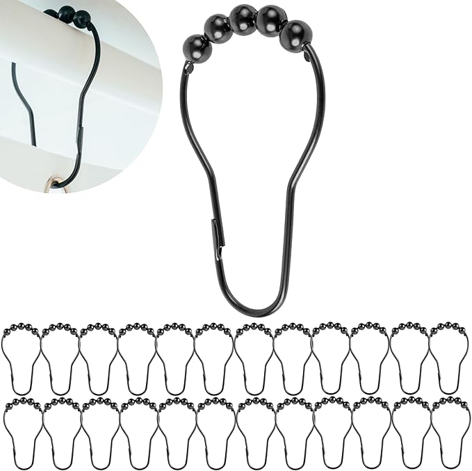 Duschvorhangringe, 24 Stück, Schwarz, Größe 74 X 36 Mm, Duschvorhangstangenhaken, Robuste Metallbefestigungen Für Badezimmer, Duschvorhangschlaufen