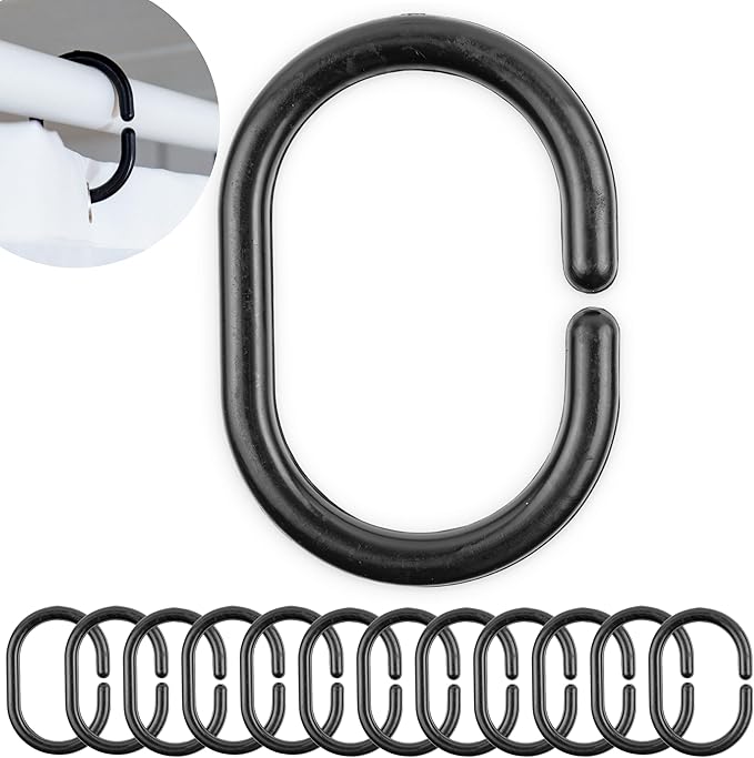 Duschvorhangringe, 12 Stück, Schwarz, Größe 46 X 29 Mm, Robuste Kunststoffringe, Haken Passend Für Duschvorhangstangen, Schwarze Duschvorhangschlaufe