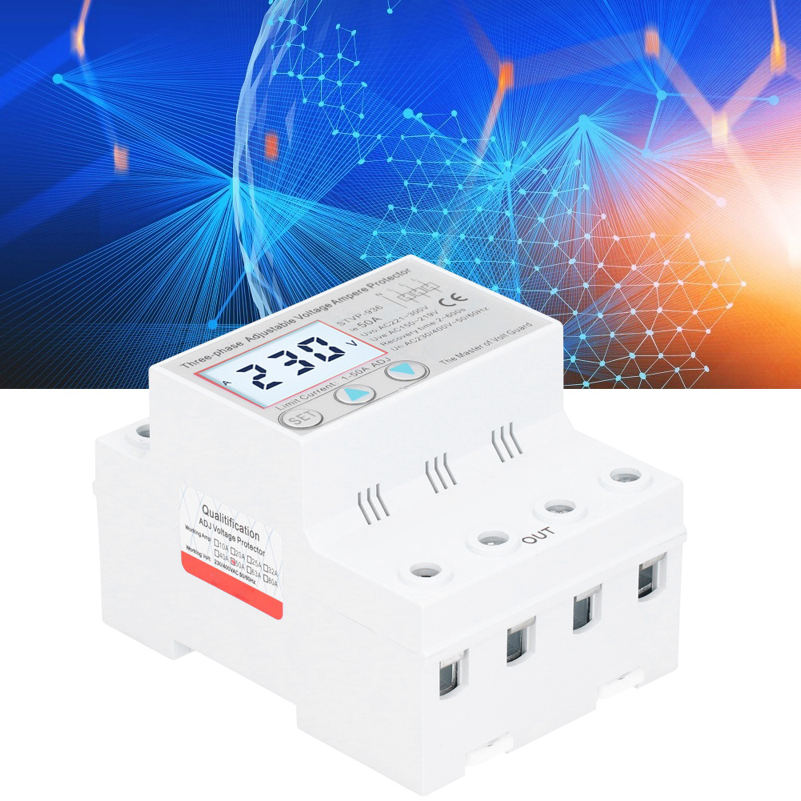 Zaicoler Lcd-überspannungsschutz Mit Einstellbarer Spannung, Multifunktional Mit Automatischer Rückstellung Für Drehstromsysteme. Material: Kunststoff. Abmessungen: 7,1 X 9,4 Cm (für Geräte Bis 50 A).