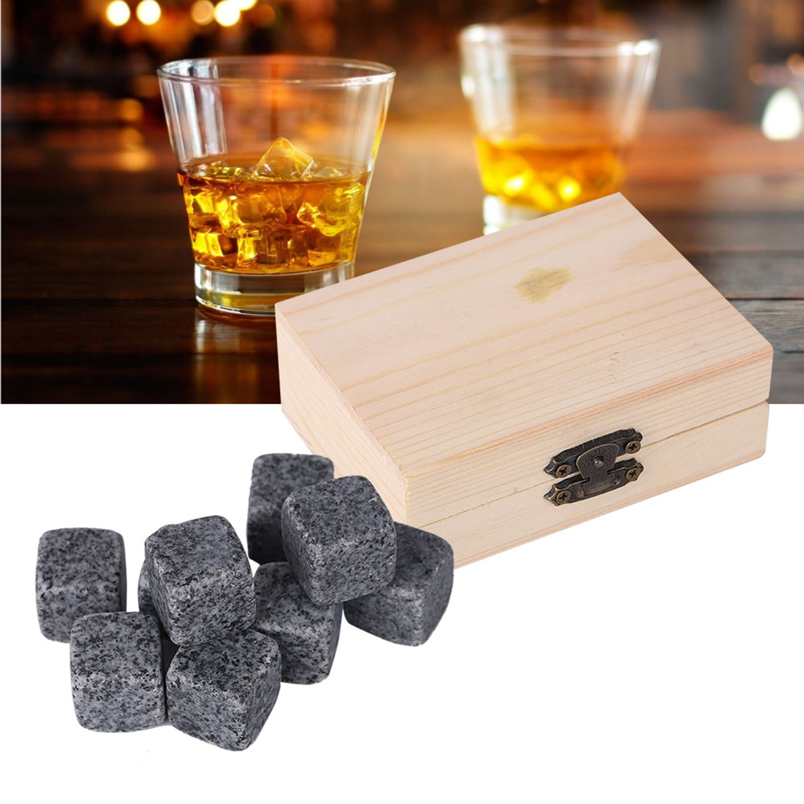 9 Kühlsteine Für Whisky Und Wein, 9er-set In Sesamgrauer Holzbox, Elegantes Bar-accessoire
