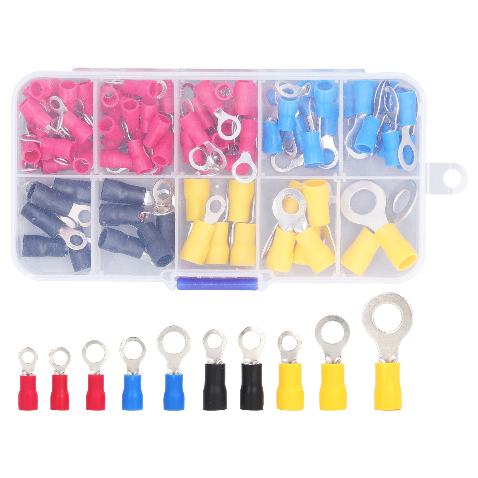 Set Mit 102 Flammhemmenden, Isolierten Ringkabelschuhen Für Kabel – 10 Verschiedene Steckergrößen