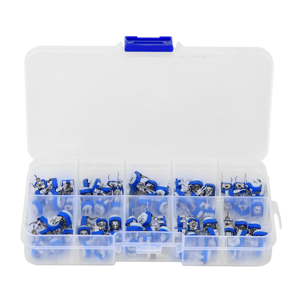 Set Mit 100 Blauen Und Weißen Einstellbaren Potentiometern – Variable Widerstände Für Elektronische Schaltungen Und Elektrische Diy-projekte
