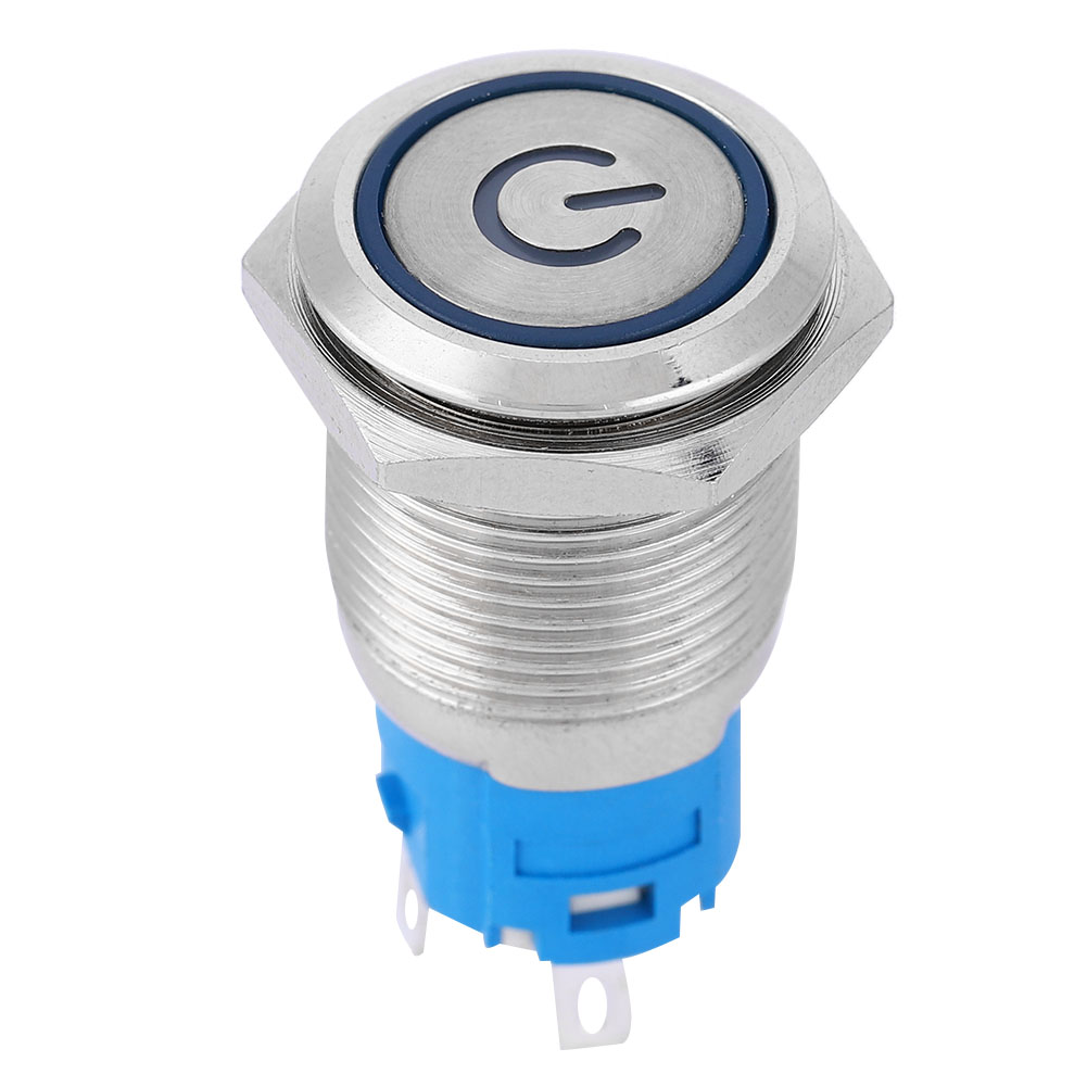 Flacher Runder Drucktaster (16 Mm) Mit Blauem Led-ring, Ein-/ausschaltsymbol, Aus Metall, Für 220 V