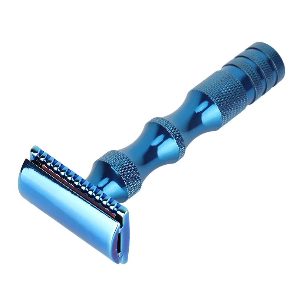 Vintage Zweiklingen-sicherheitsrasierer Mit Rutschfestem, Blauem Metallgriff Für Die Herrenrasur