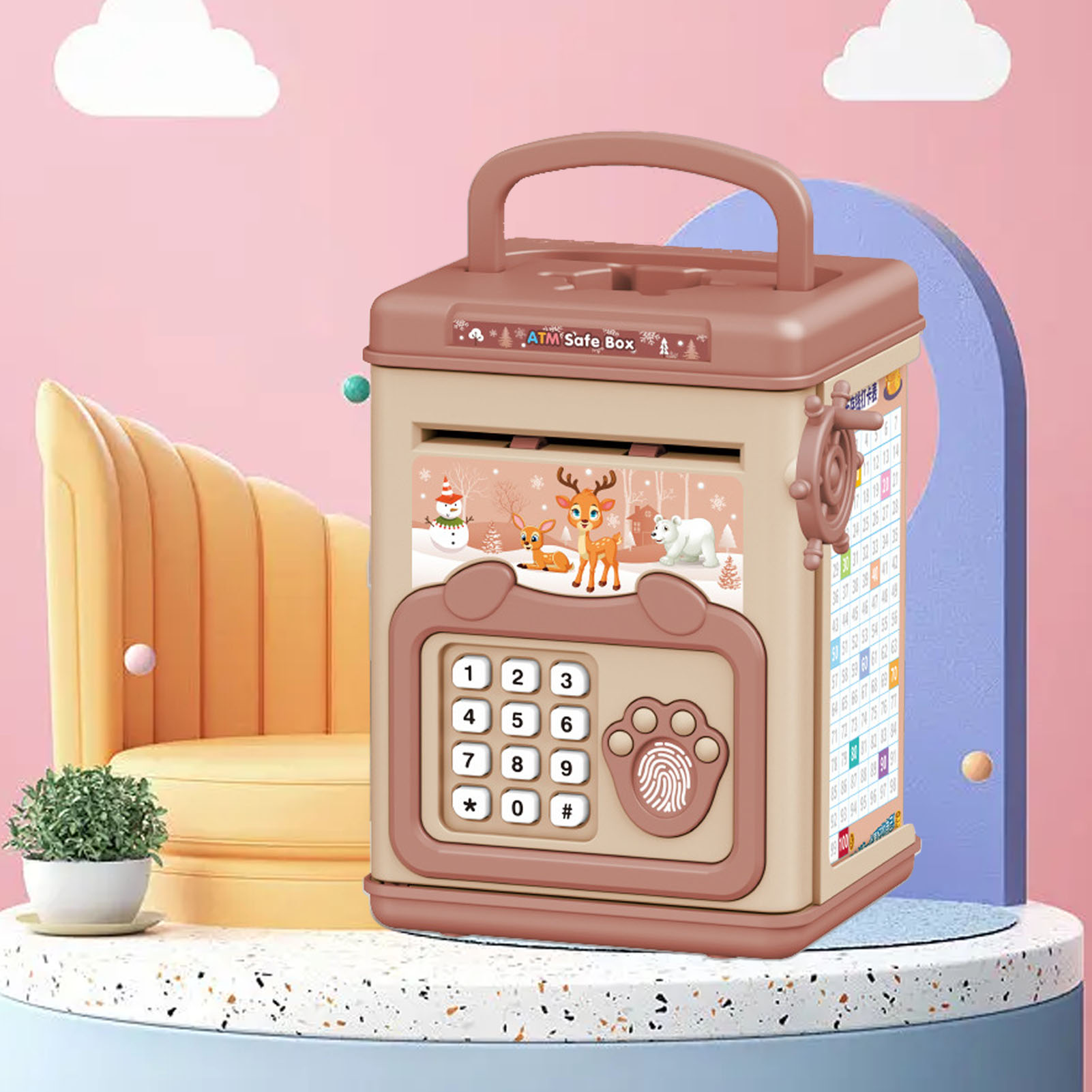 Pädagogisch Wertvoller Kindersafe Mit Elektronischem Fingerabdruckschloss – Sicheres Sparschwein Mit Code Und Passwort – Rosa Cartoon-design