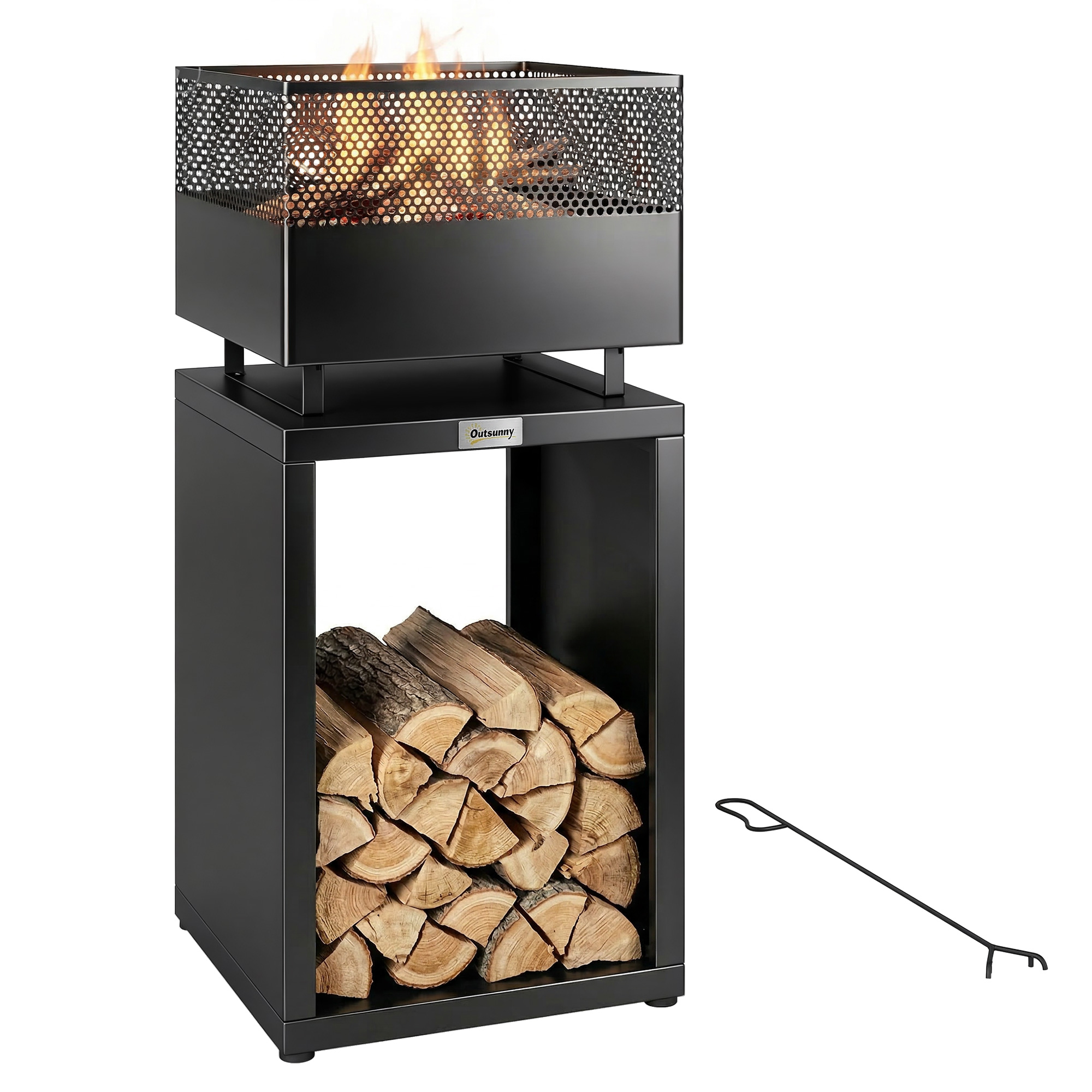 Feuerschale 39 X 39 X 87 Cm Feuerstelle Mit Holzlager Kohlegitter Verstellbaren Füßen Schwarz