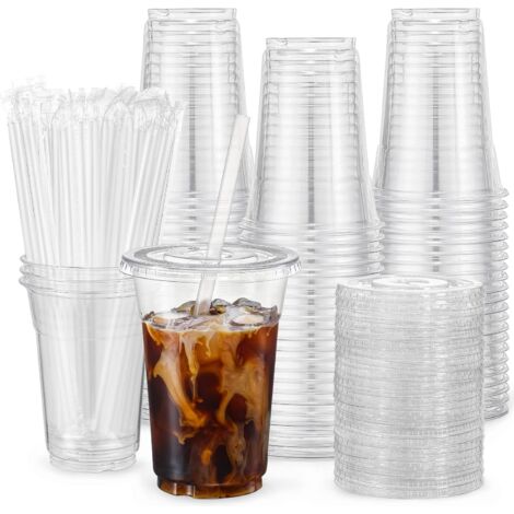 [100 Stück - 473 Ml] Transparente Plastikbecher Mit Deckel Und Strohhalm, Einwegbecher, Ideal Für Eiskaffee, Smoothies, Milchshakes Und Andere Kaltgetränke.