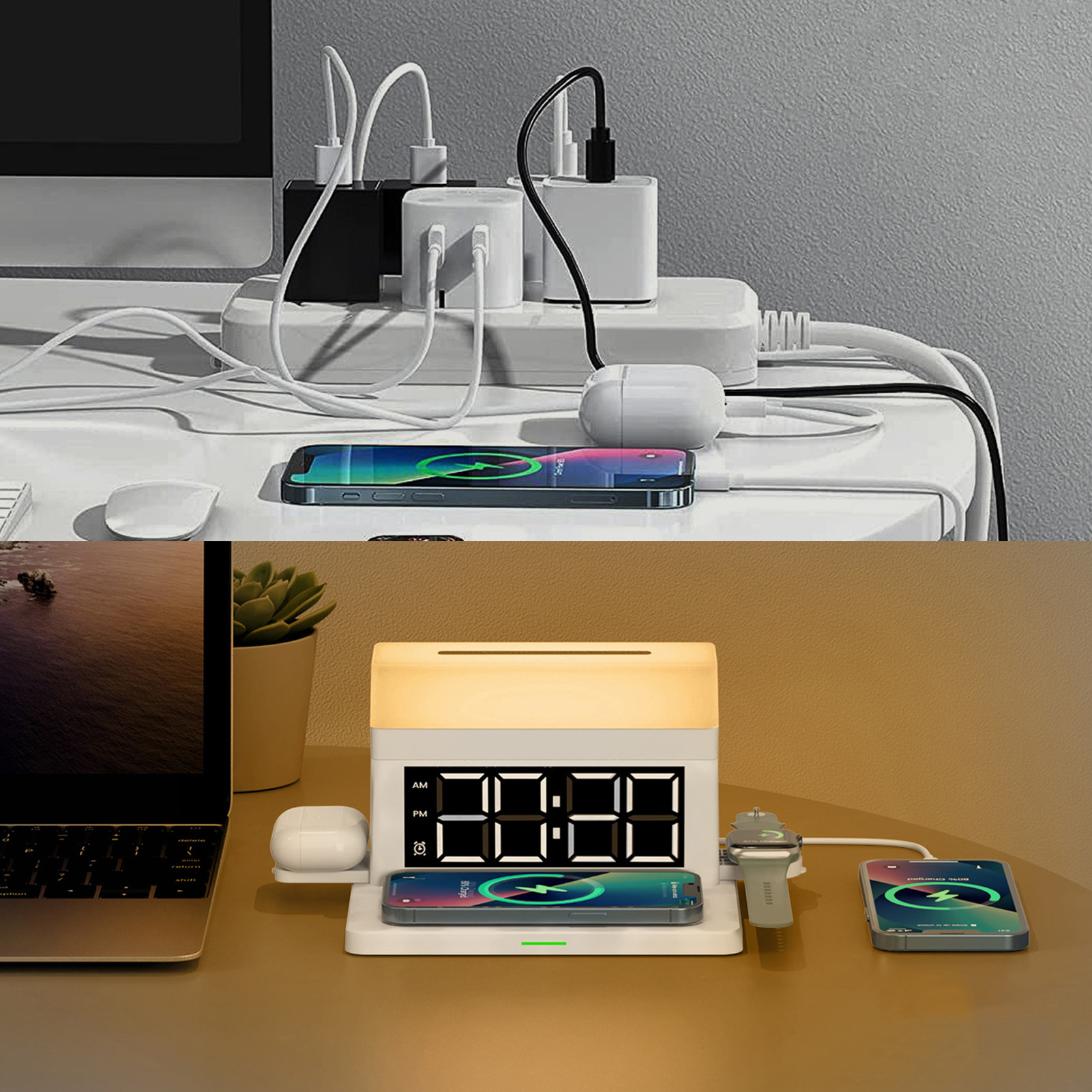Led-schreibtischlampe Mit Kabellosem Ladegerät, Digitalem Wecker Und Handyhalterung Für Iphone Und Samsung, Weiß – 15 W