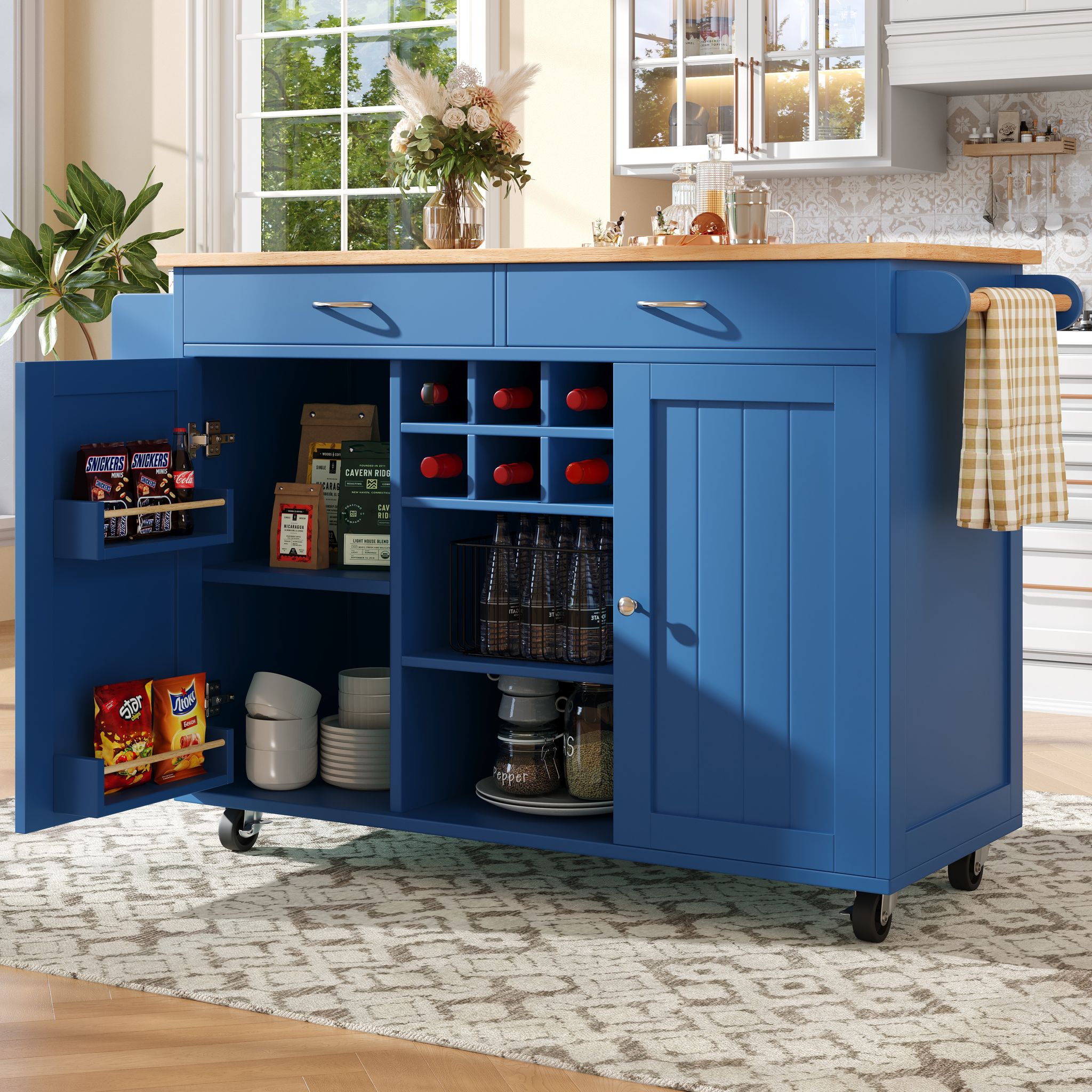 Küchenwagen Mit Verstellbaren Einlegeböden, Weinregal Und Feststellrollen, Für Küche Oder Esszimmer, Mdf, Blau