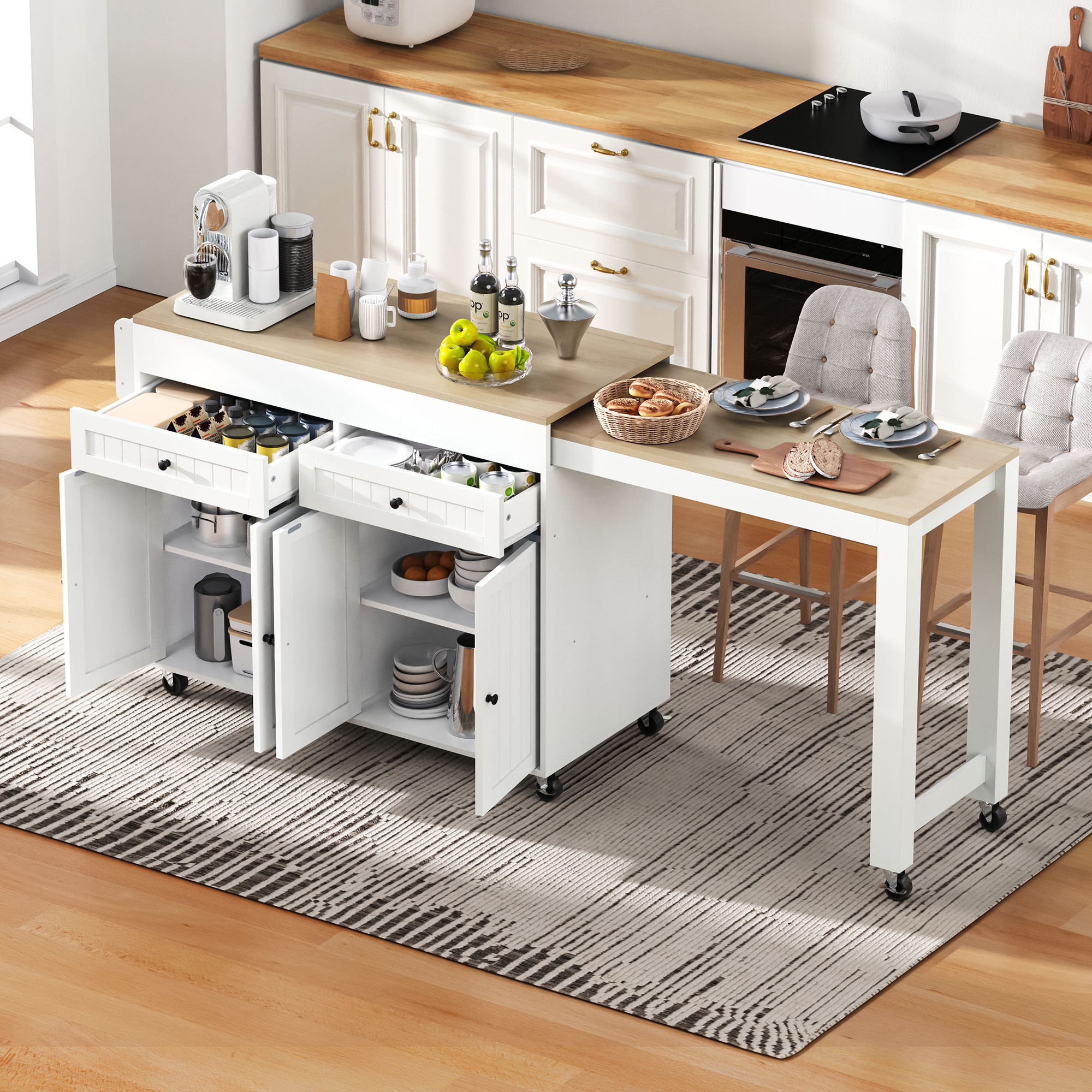 Kücheninsel Mit Ausziehbarer Arbeitsplatte Und Rollen, Für Küche Und Esszimmer, Mdf, Weiß Und Natur