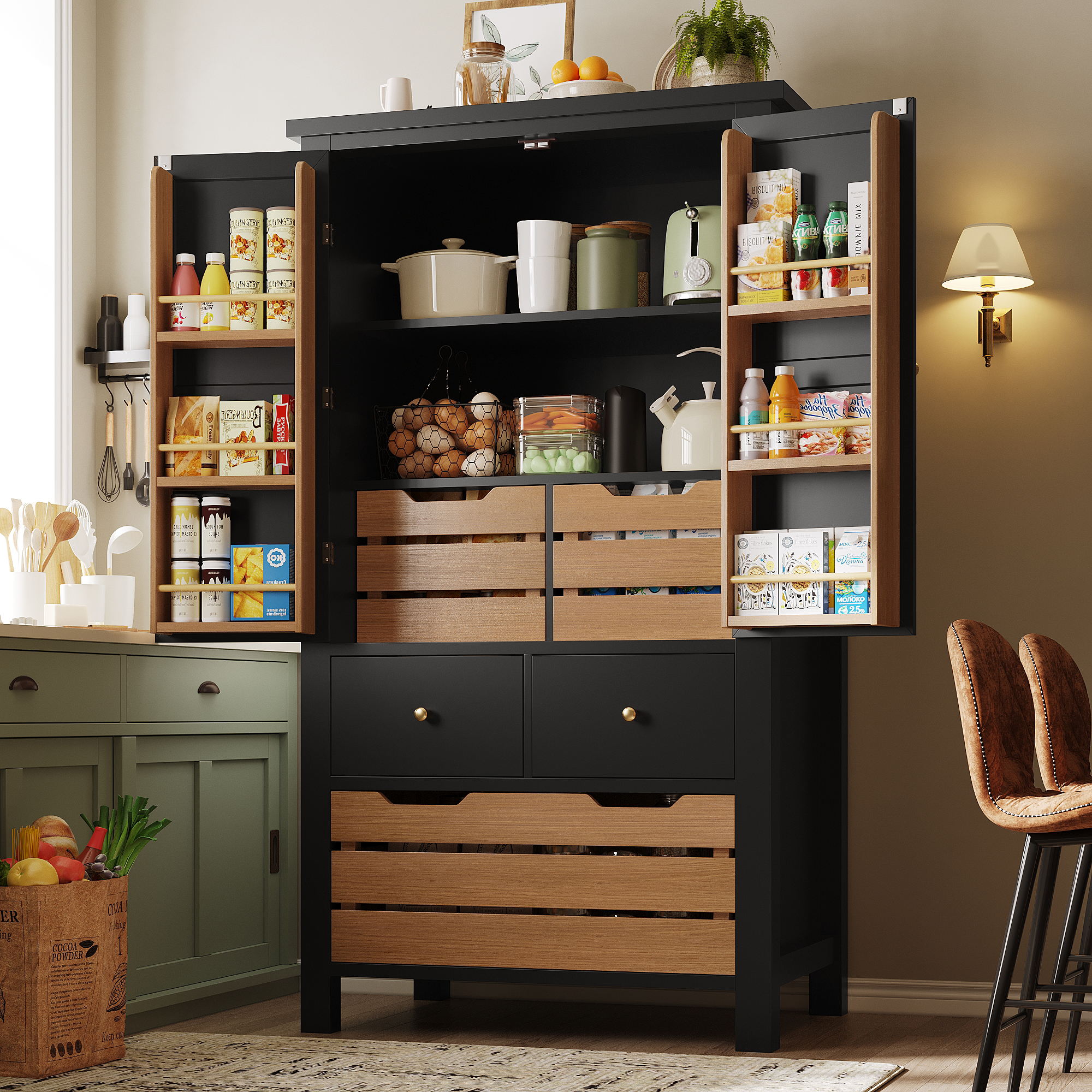 Küchenbuffet Hoch Mit 2 Türen Und 5 Schubladen, Mit Kippschutz, Für Küche, Mdf Schwarz, 80x40x140 Cm