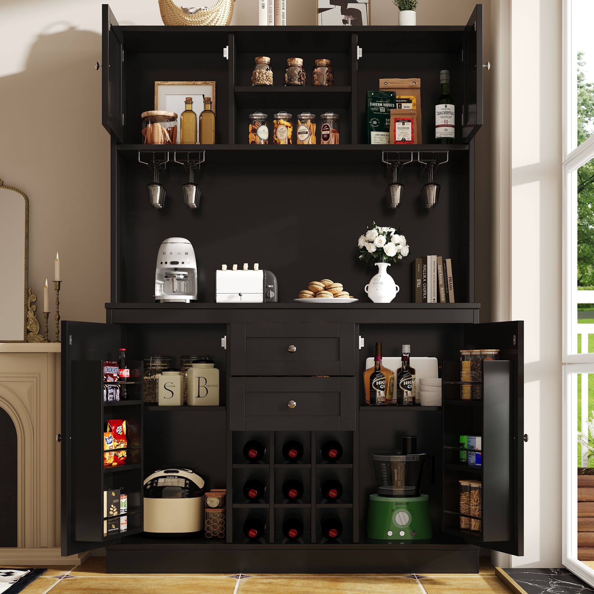 Küchenbuffet Mit 4 Türen Und 2 Schubladen, Verstellbaren Einlegeböden Und Weinregal, Mdf, Schwarz, 120×40×188 Cm
