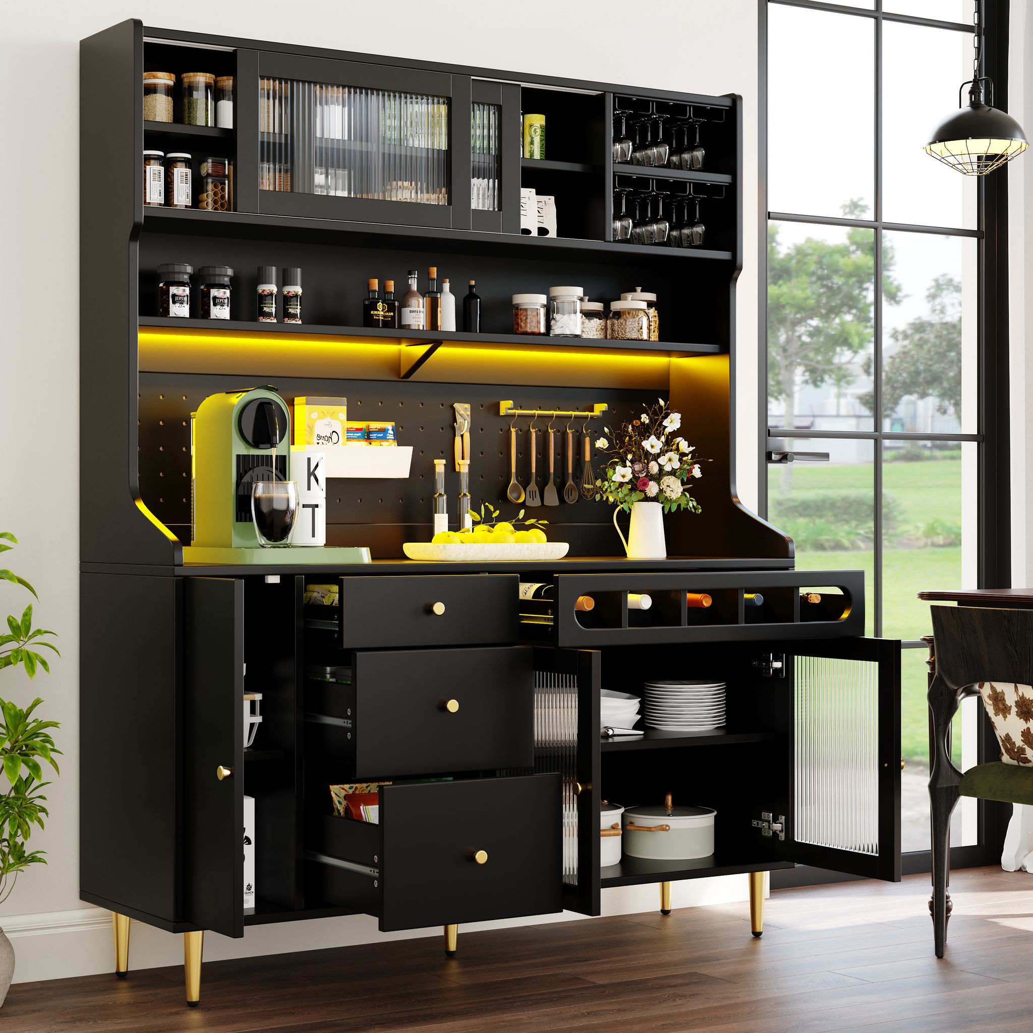 Küchenhochschrank Mit 1 Schublade, Verstellbaren Einlegeböden, Led Per Usb Und Weinregal, Für Küche, Mdf, Glas, Schwarz
