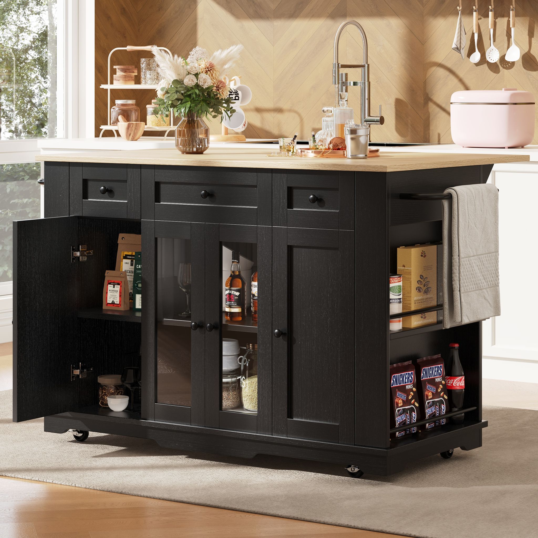 Küchenwagen Mit Schublade, Seitenregalen Und Klappplatte, Verstellbarem Stauraum, Mdf, Schwarz Und Natur