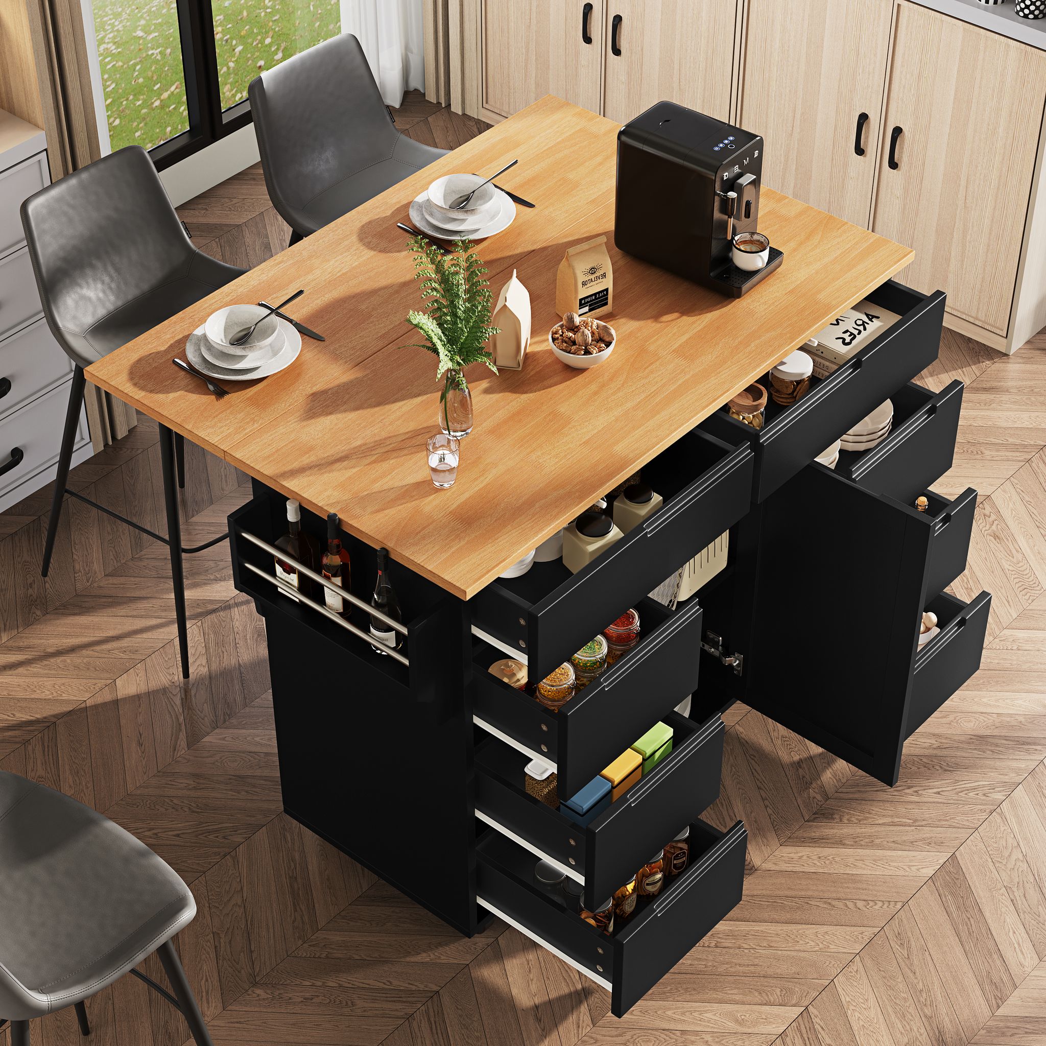 Küchenwagen Mit 8 Schubladen, 1 Tür, Verstellbarem Einlegeboden, Klappbarer Platte Und Rollen, Mdf, Schwarz, 122 X 46 X 91.5 Cm