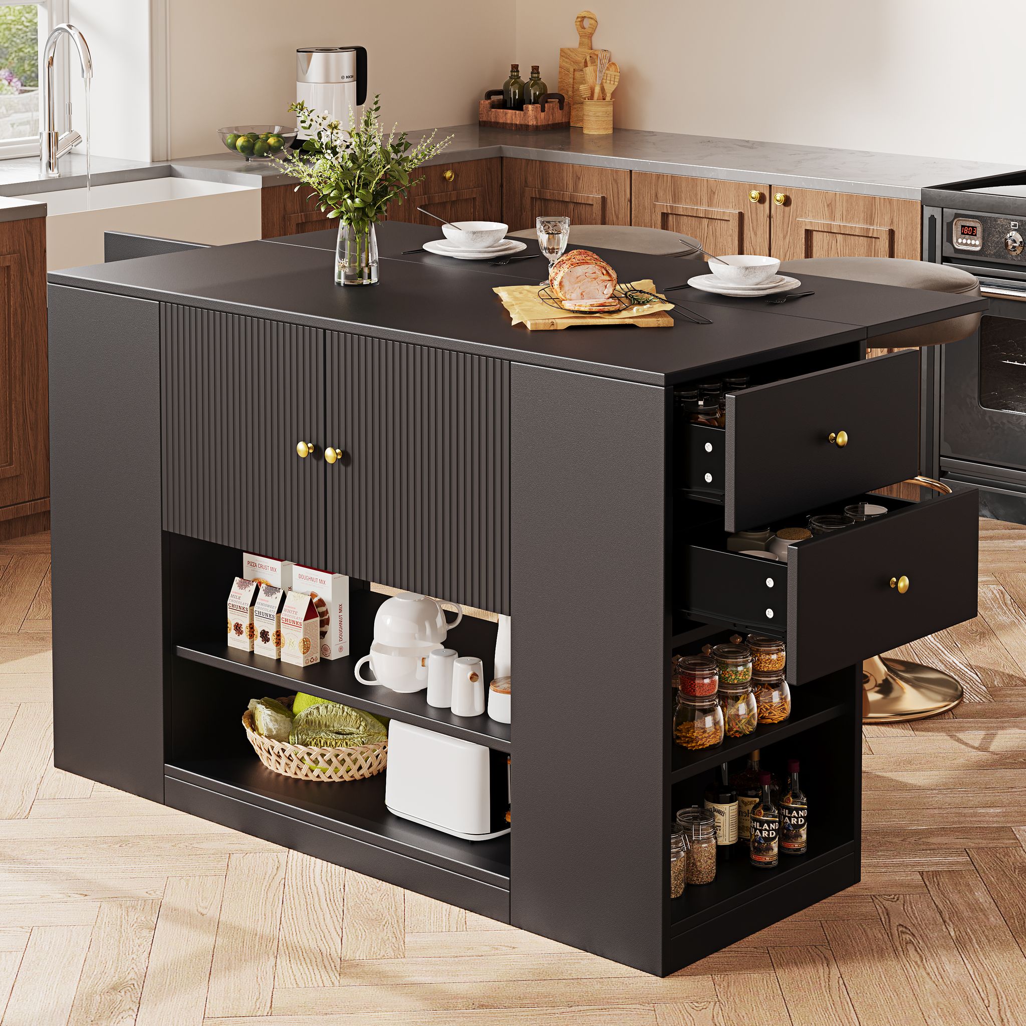 Kücheninsel Mit 2 Türen, Schubladen, Regalen Und Klappbarer Tischplatte, Für Küche Und Esszimmer, Mdf, Schwarz, 140 X 40 X 90 Cm