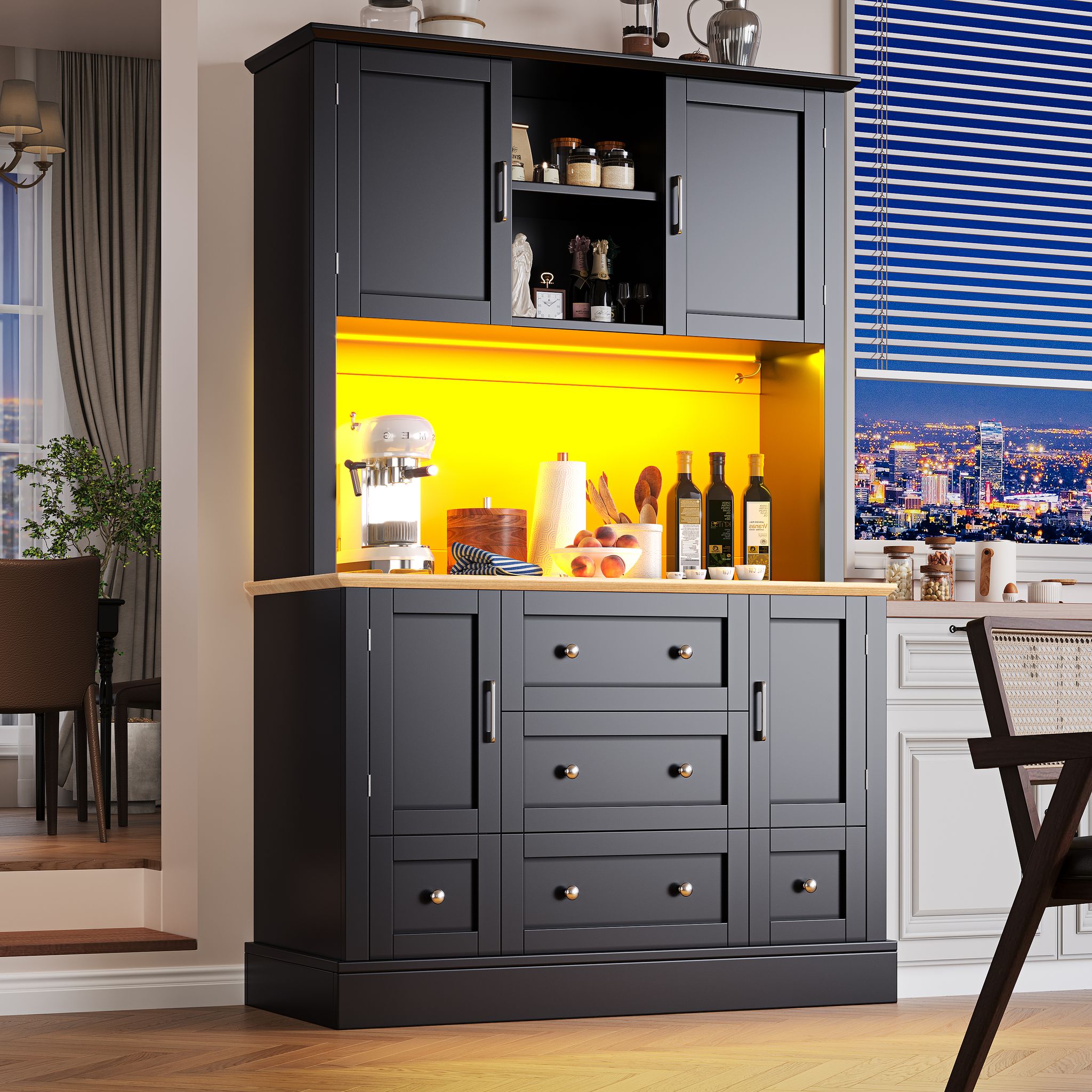 Küchen Hochschrank Mit 3 Schubladen, Led Mit App-steuerung Und Kippschutz, 115×40×180 Cm, Mdf, Schwarz Natur