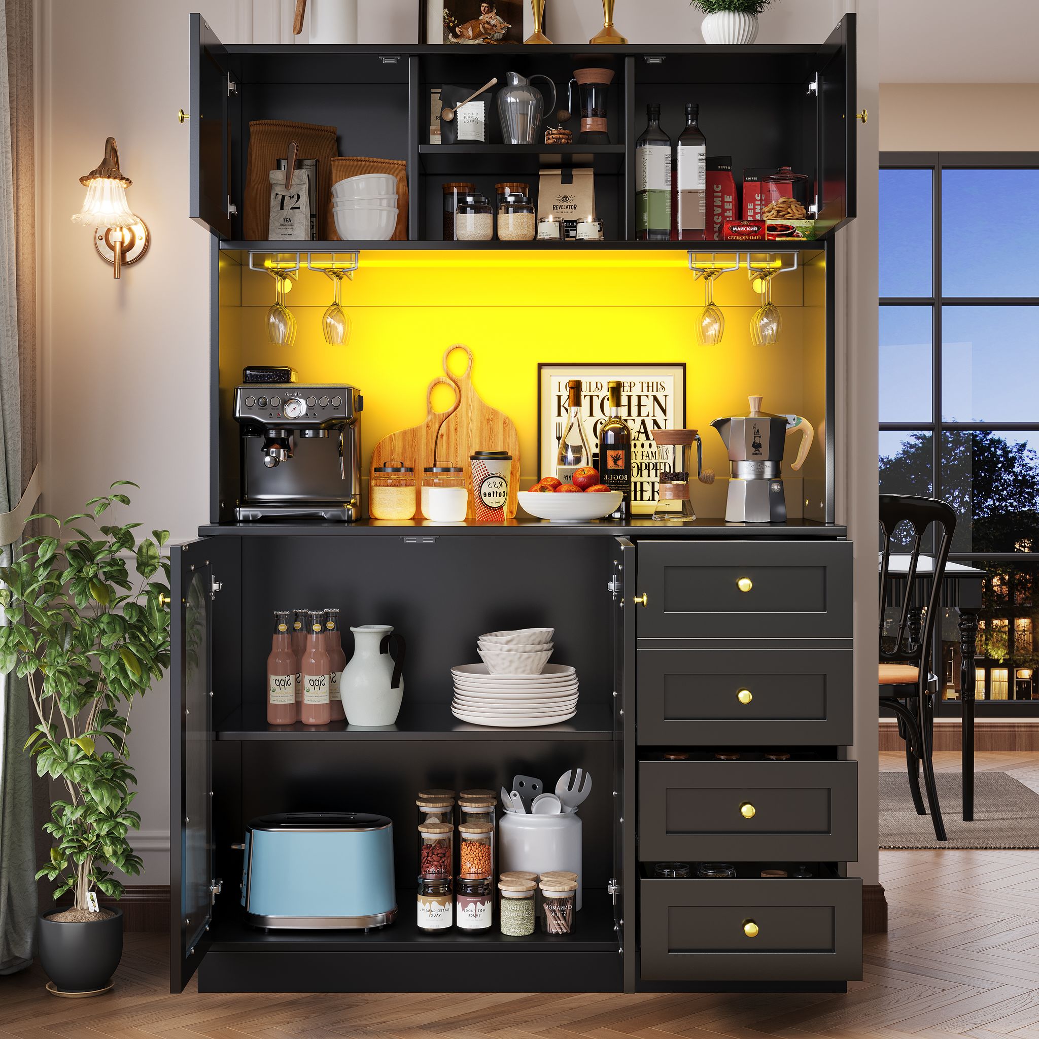 Küchenbuffet Mit 4 Türen, Led-beleuchtung Und Kippschutz, Für Küche, Mdf, Schwarz, 120×40×188 Cm