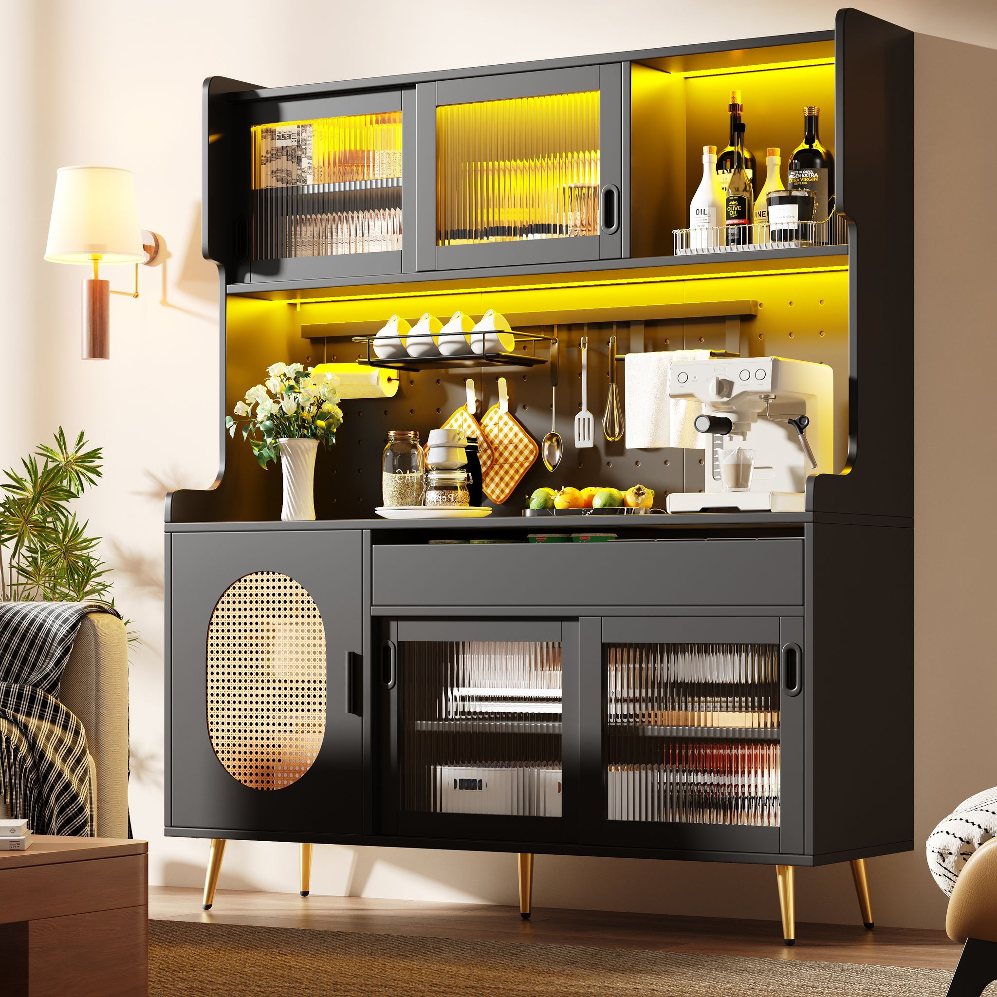 Küchenbuffet 5 Türen, Mit Led Und Lochplatte, Landhausstil, Mdf, Schwarz, 145 X 39 X 171 Cm