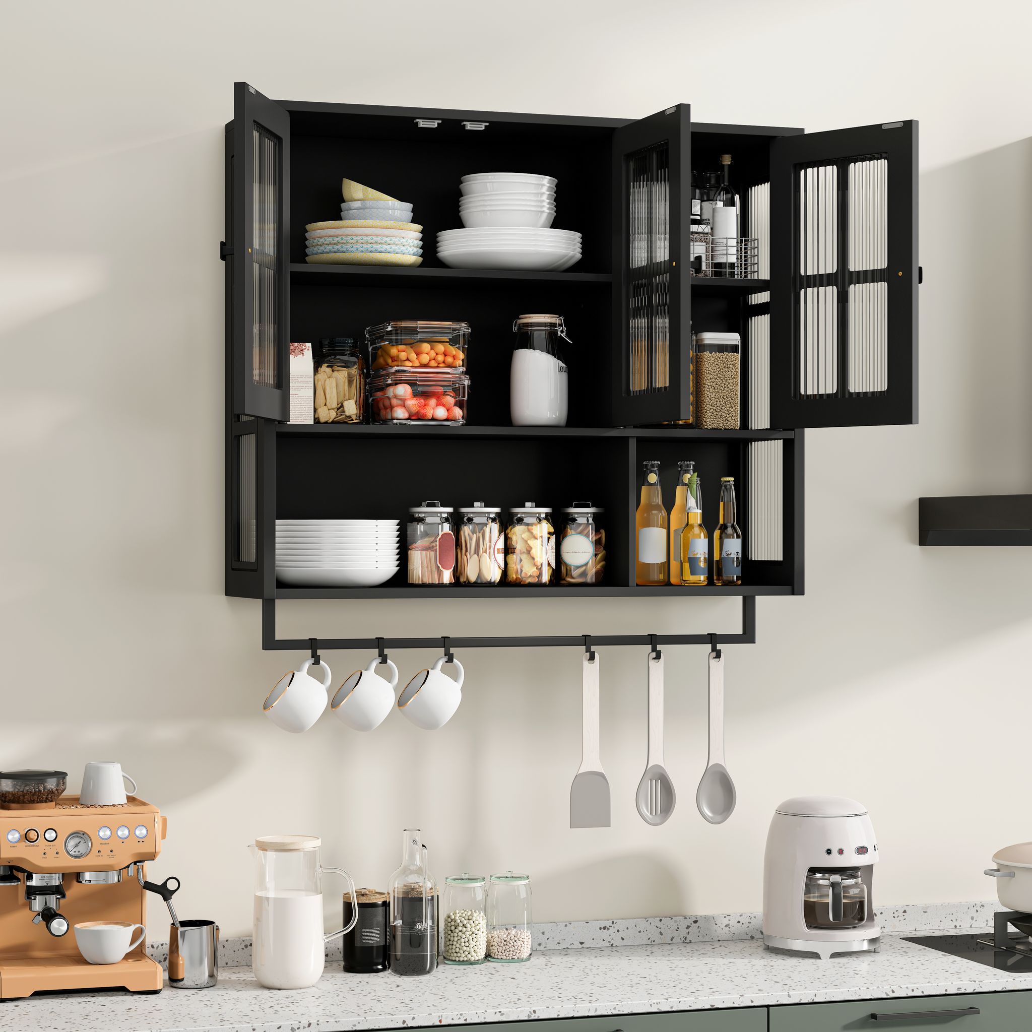 Badezimmerschrank Zur Wandmontage Mit 3 Türen, Herausnehmbaren Einlegeböden Und Handtuchhalter, 88×26×82.5 Cm, Schwarz