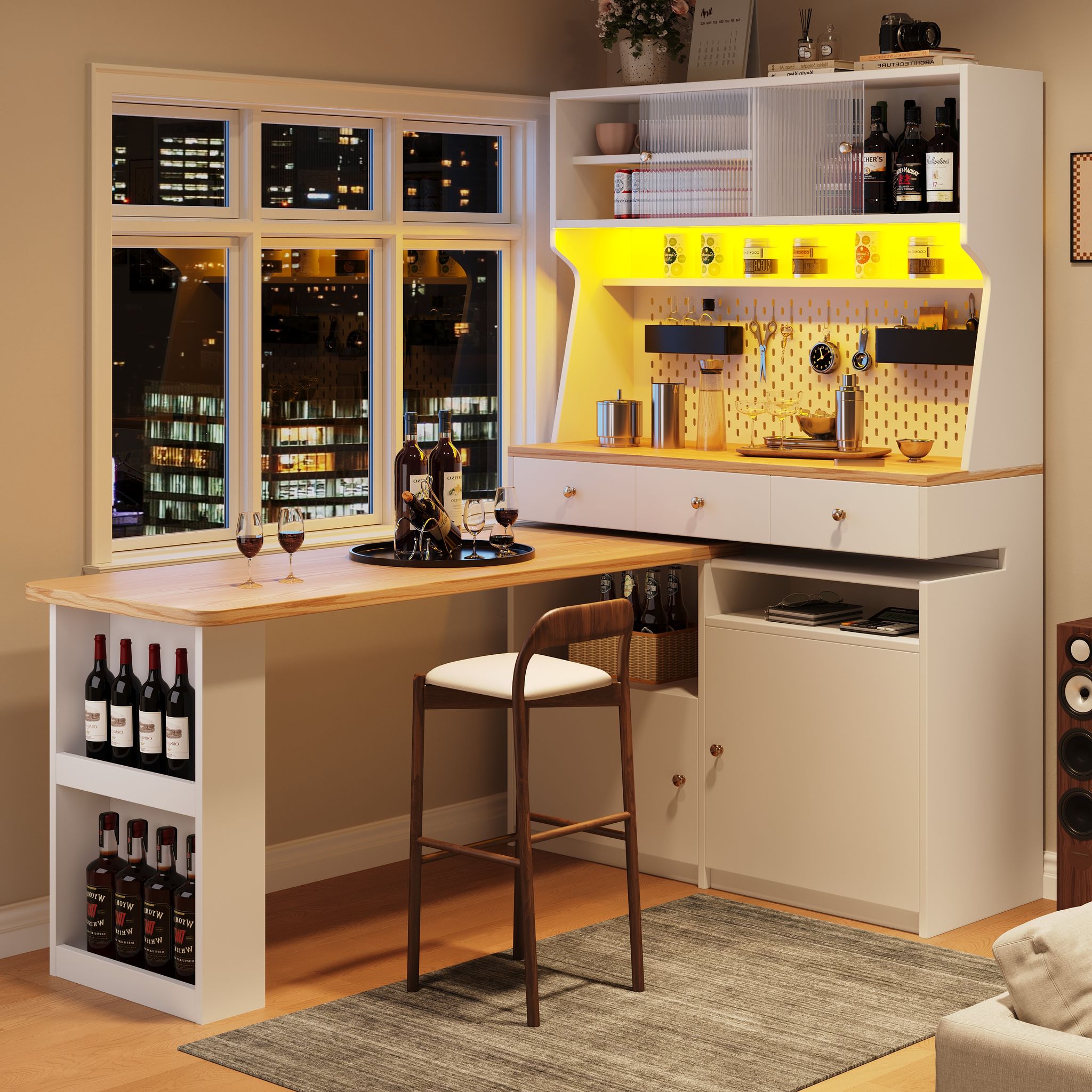 Küchenbuffet Hoch Mit Ausziehbarer Arbeitsplatte Und Led, Für Küche Oder Esszimmer, Mdf, Weiß, 137 X 45 X 178 Cm
