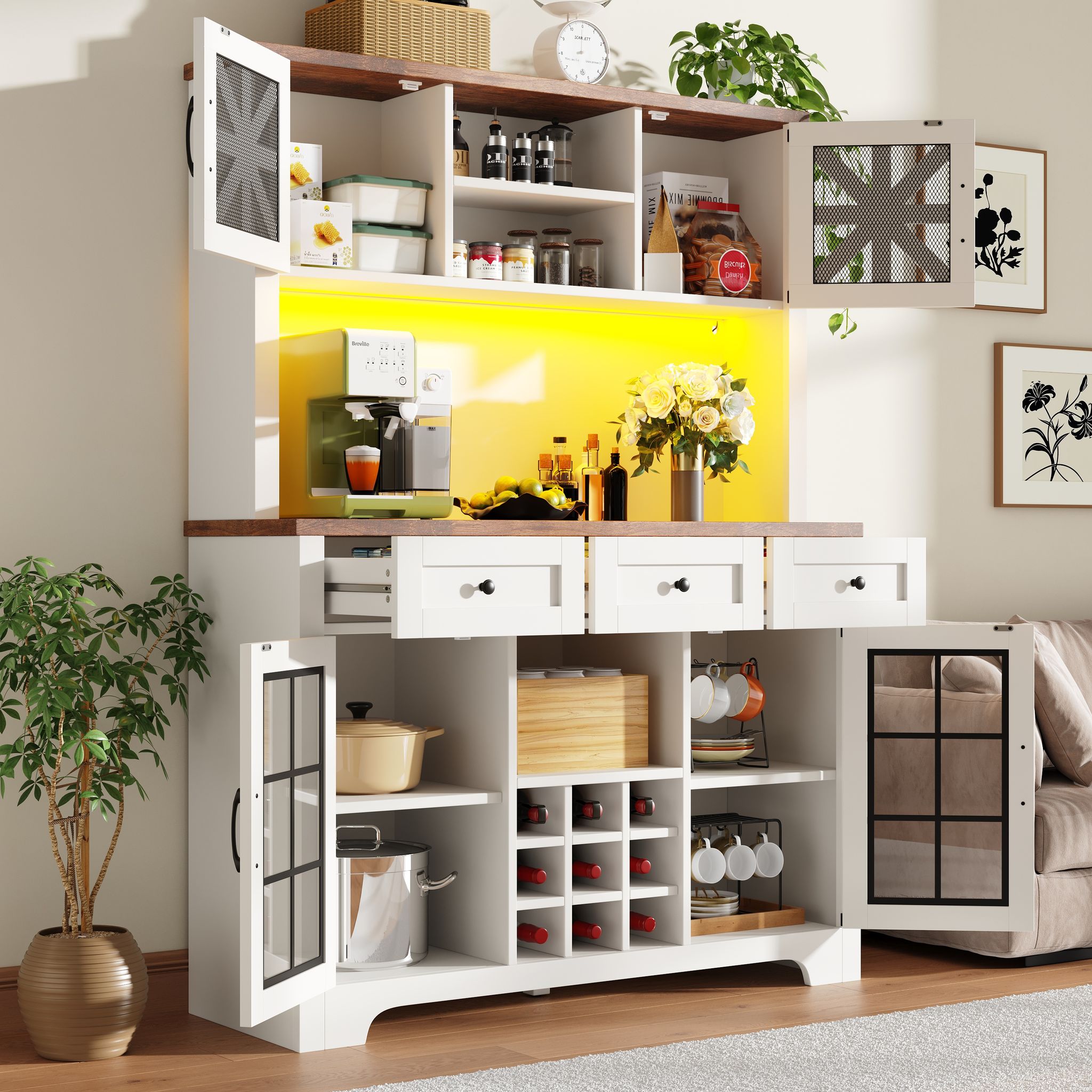 Küchenhochschrank Mit Verstellbaren Einlegeböden, Led, Weinregal Und Schublade, Für Wohnzimmer Oder Küche, 120 X 40 X 180 Cm