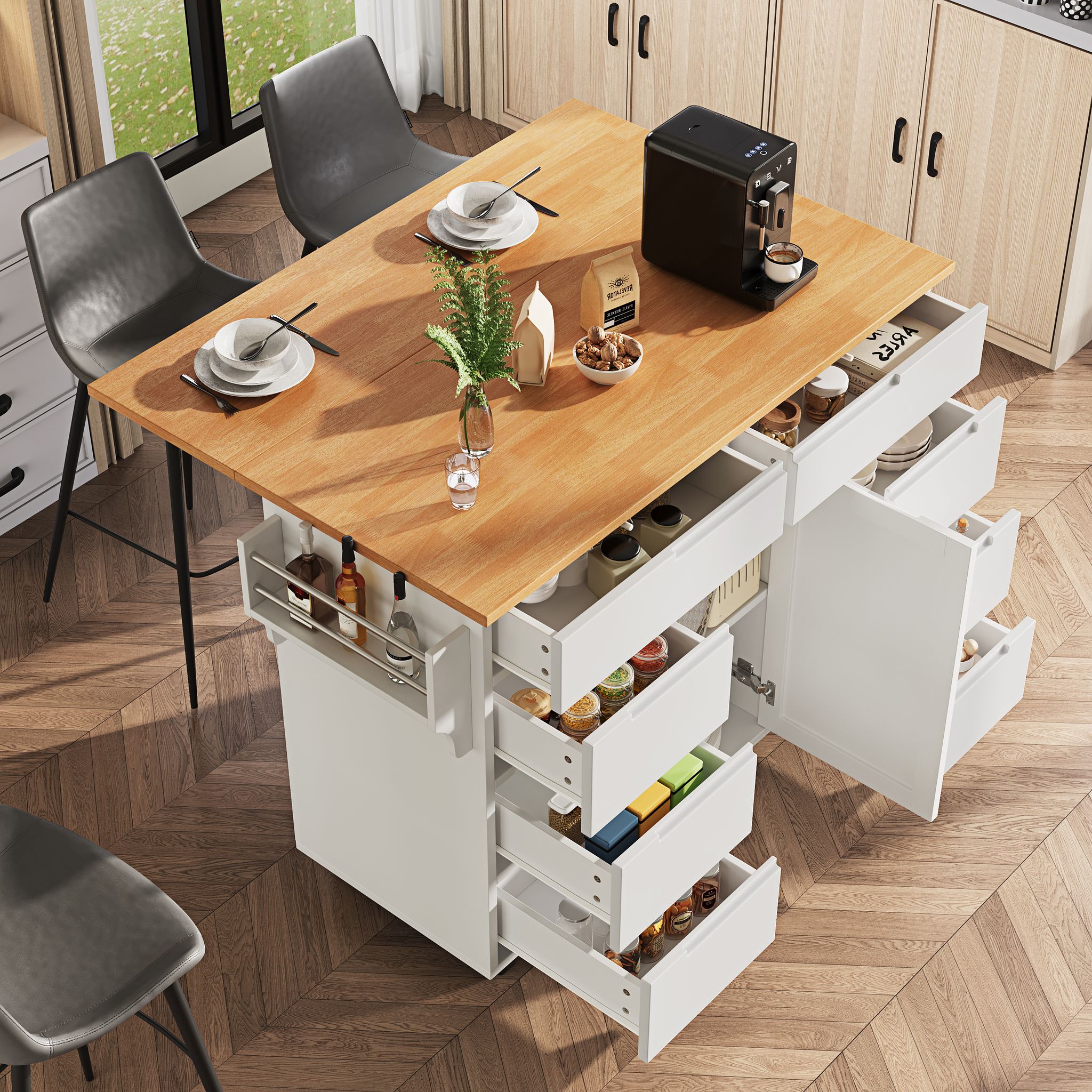 Küchenwagen Mit 8 Schubladen Und Schrank, Klappbarer Arbeitsplatte, Handtuchhalter, Rollen, 122×46×91.5 Cm, Weiß