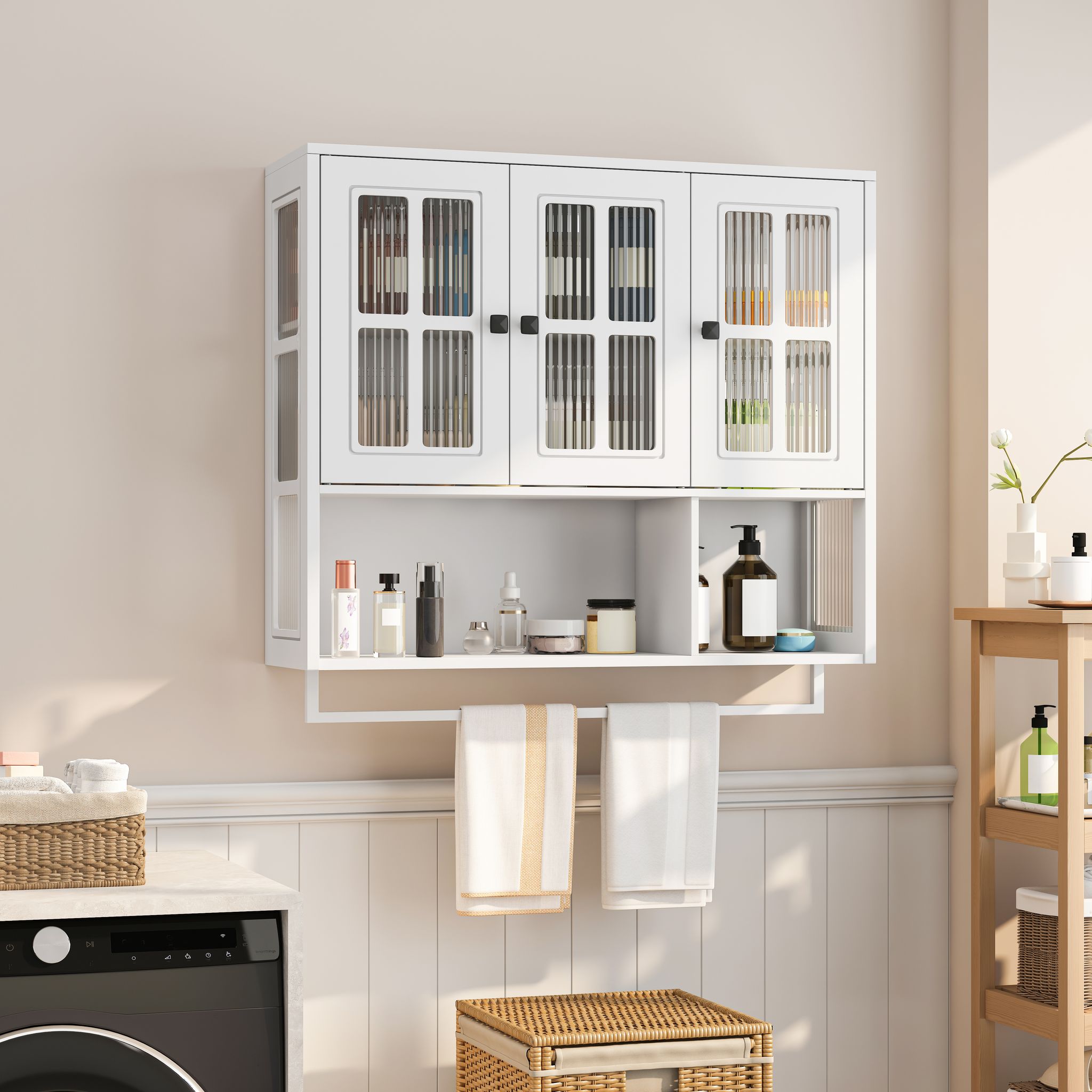 Badezimmerschrank Hängend Mit 3 Türen, 1 Offenem Fach Und Handtuchhalter, 88 X 26 X 82.5 Cm