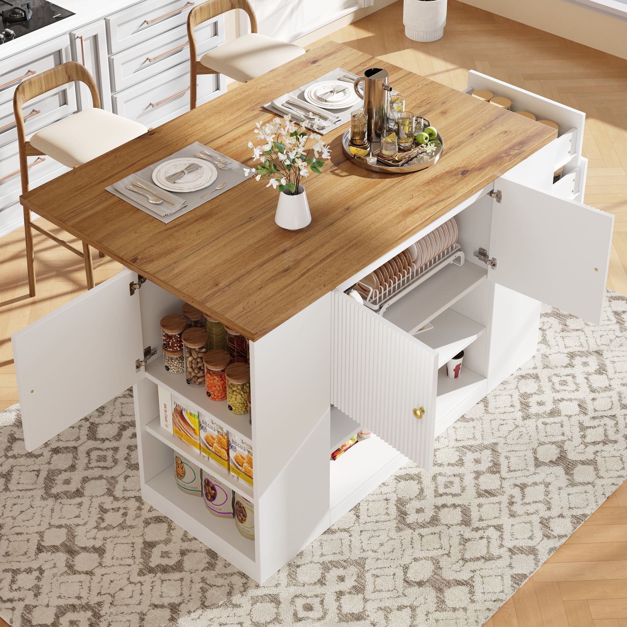 Kücheninsel Mit 2 Türen, Schubladen, Regalen Und Klappplatte, Für Küche Und Esszimmer, Mdf Weiß