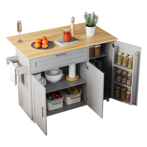 Kücheninsel Mit Klappbarer Arbeitsplatte 132,5x44(70)x90 Cm, Mobiler Küchentisch Mit Schrank, Gewürzregal, Handtuchhalter, 5 Rollen