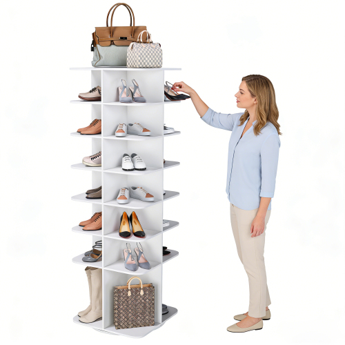 Drehbares Schuhregal 184 X 60 X 60 Cm, 7-stöckiger Schuhregal Turm Weiß, Freistehender Schuhorganizer 360° Für Bis Zu 28 Paar Schuhe