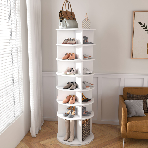 Drehbarer Schuhturm 360° Schuhregal 7 Ebenen Freistehend, Platzsparendes Schuhregal Für Bis Zu 28 Paar, Weiß, 60 X 60 X 184 Cm