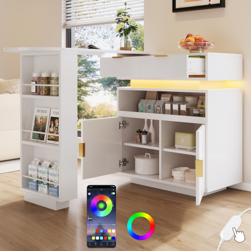 Ausziehbarer Bartisch Weiß 115-183 X 40 X 99,5 Cm, Drehbarer Stehtisch Küche Mit Stauraum, Led, Mobile Kaffeebar Für Esszimmer