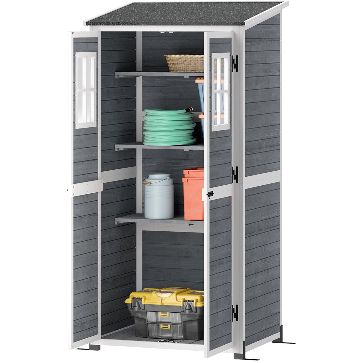 Gartenschrank Holz Gerateschuppen Mit Abschliebar Tur 2 Fenstern Bodenplatte Asphalt Pultdach Ablage 91x69x192cm Wetterfest Gerateschrank Geratehaus Fur Garten Terrasse Hellgrau 211743676 211743676